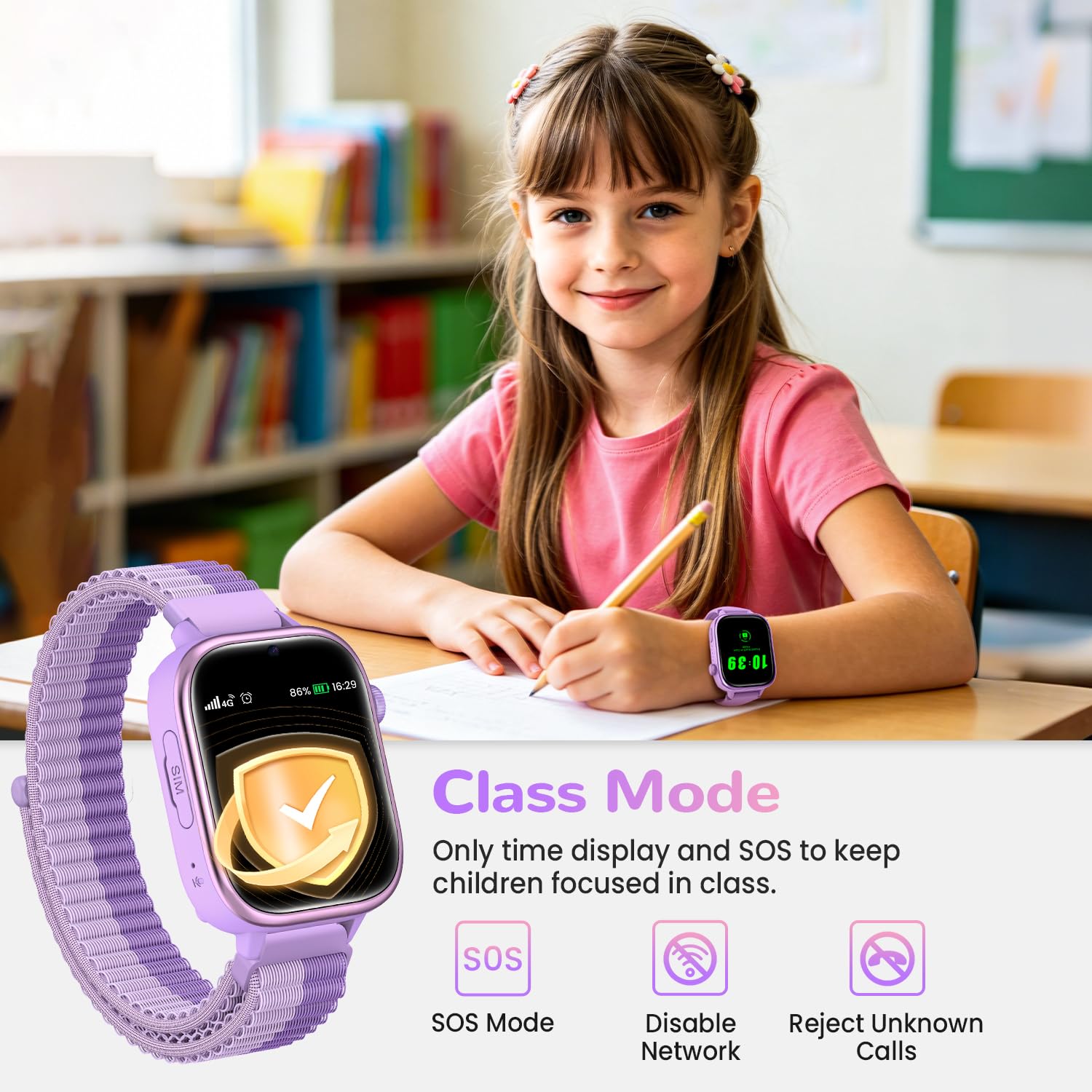 Reloj Inteligente Niño con Videollamada, 4G Smartwatch Niño con GPS y Llamadas, SOS, Chat de Voz, Modo Escuela, Podómetro, Despertador, Monitor de Sueño IP68 Impermeable Regalo para Niños Niñas Morado