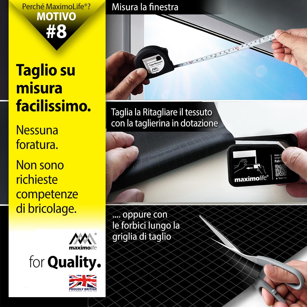 Tenda oscurante MaximoLife® Ultimate 100% | Adatta a finestre di qualsiasi dimensione/forma | Griglia guida di taglio per un taglio più facile | Ventose potenti | Gancio e passante resistenti