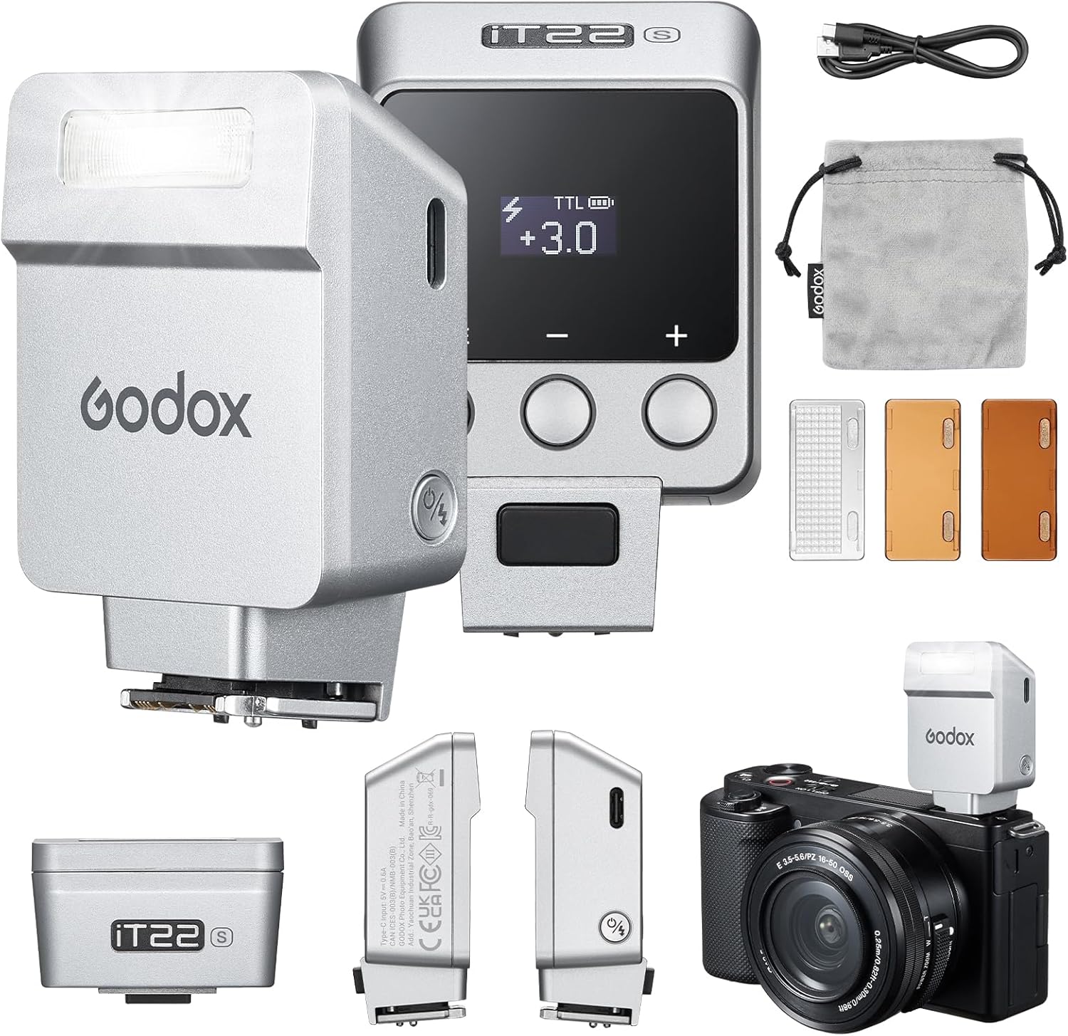 Godox iT22 S Mini Flash - iT22S Camera Flash for Sony with 7.4V 300mAh Battery Manual/TTL Modes 700+Flashes 1.5s Recycle Hot Shoe Flash with Diffuser/Color Filters Accessories for Sony Camera (Silver)