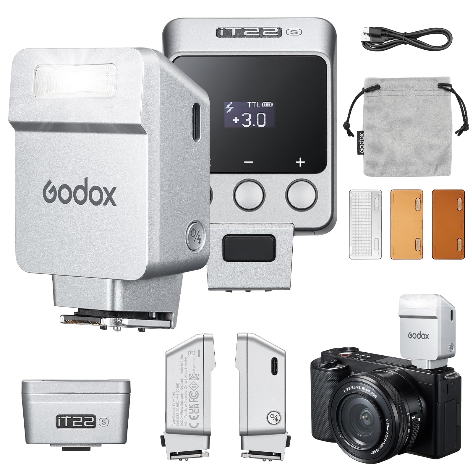 Godox iT22 S - Mini flash iT22S per fotocamera Sony 7,4 V, 300 mAh | Modalità TTL 700+flash 1.5s ricicla flash hot shoe con diffusore/filtri colorati accessori per fotocamera Sony (argento)