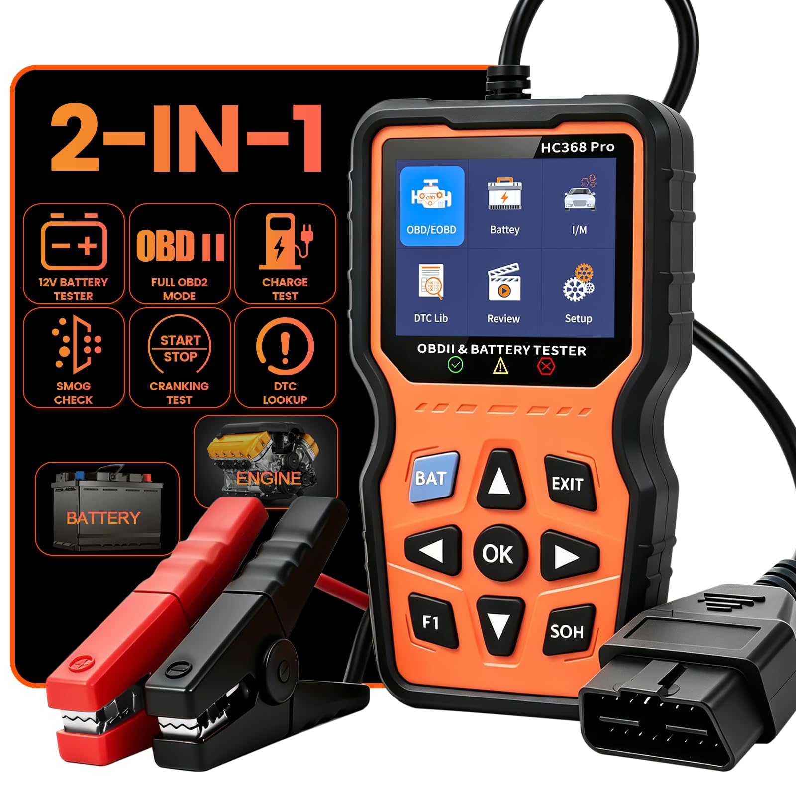 OBD2 Diagnosegerät & Batterietester 2 in 1,OBD EOBD+CAN Scanner Auslesegerät mit vollständigen OBD2 Funktionen,12V Autobatterie Tester mit Batterie- Anlasser- und Ladetest für alle Fahrzeuge