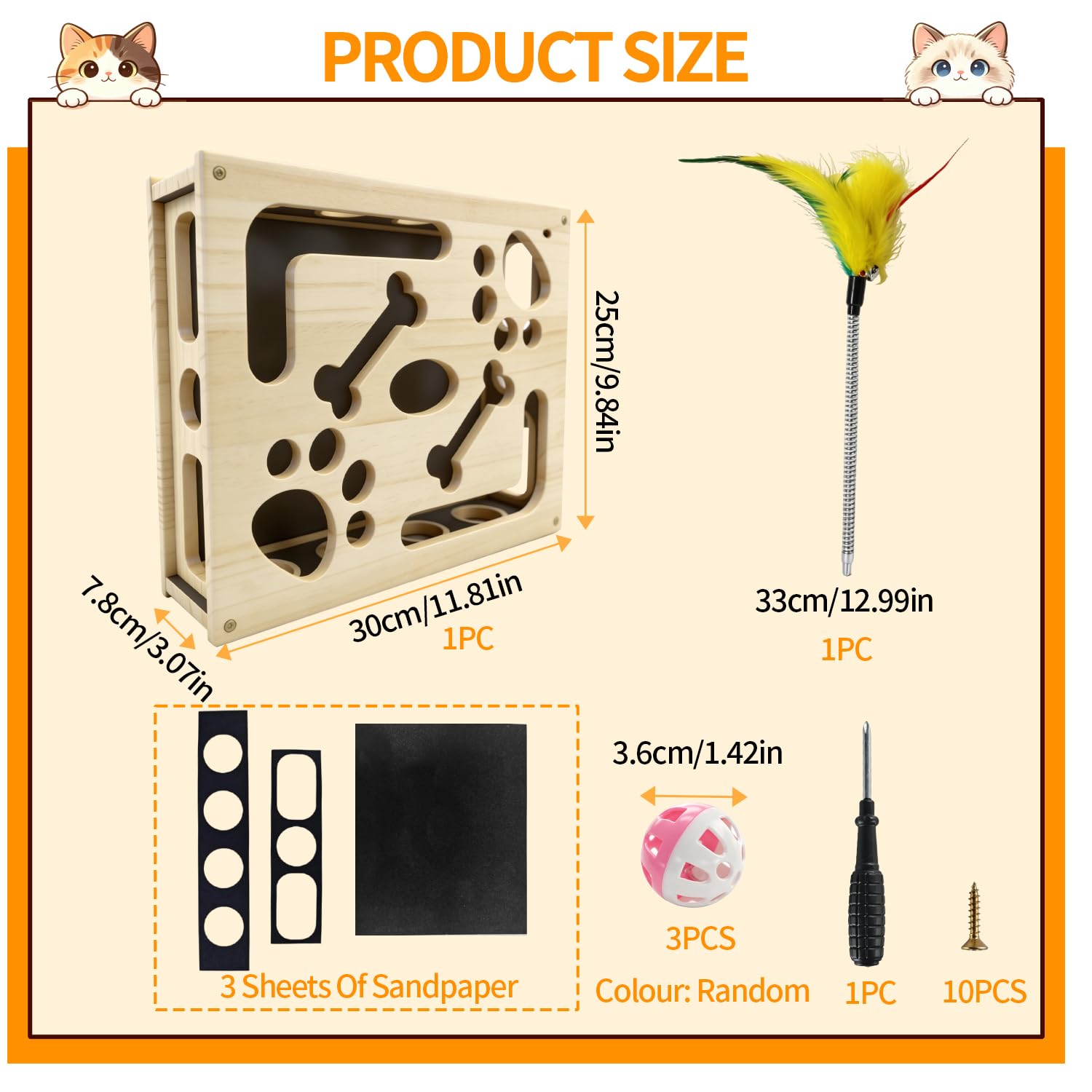 Giochi Interattivi per Gatti in Legno Massello 2 in 1 con Carta Abrasiva | Giochi Gatto Tiragraffi Cartone Gioco Gatto con Carta Abrasiva Bacchetta di Piume Tre Palline Sonagli Dimensione 30X25X7,8 cm
