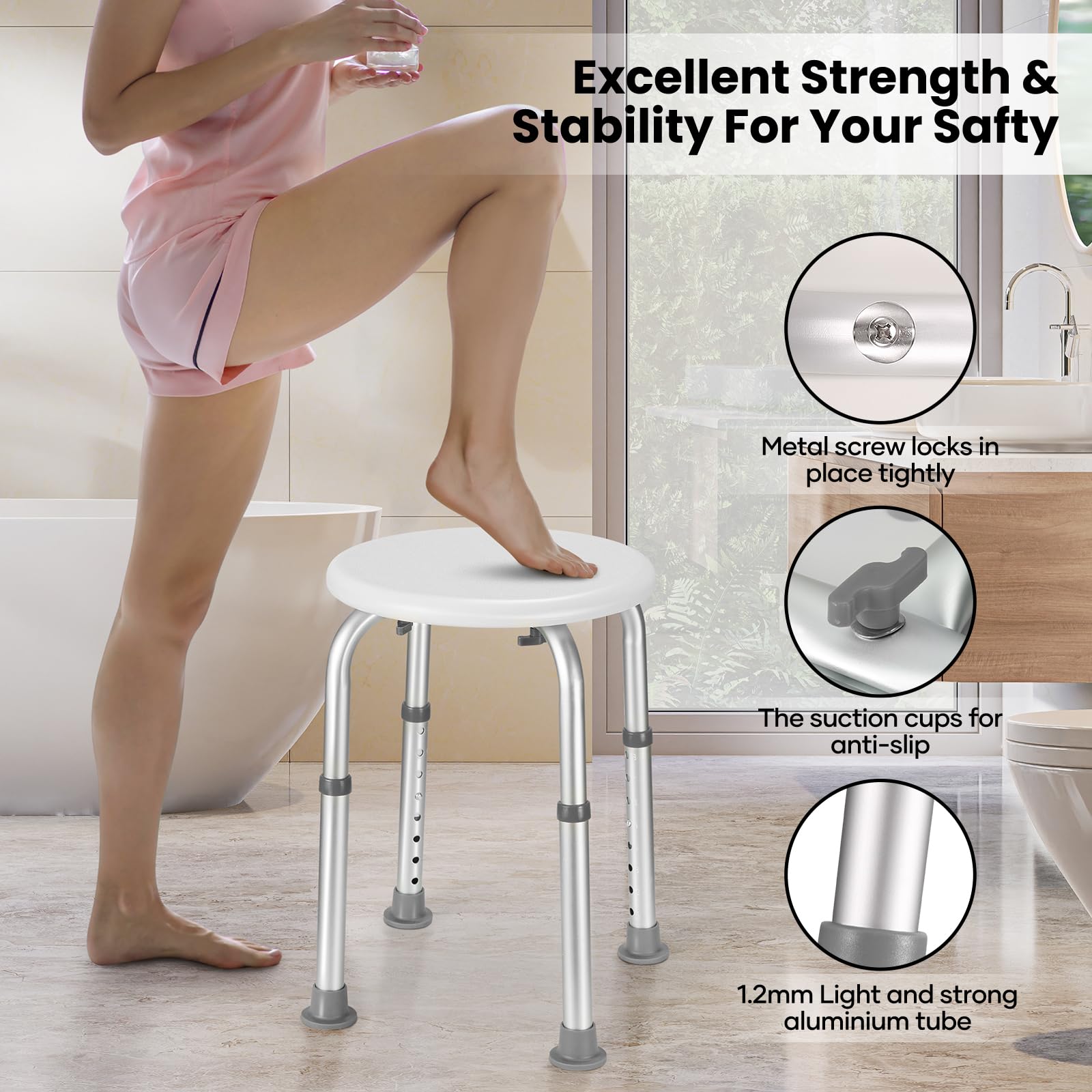 Adjustable Shower Chair Bathtub Stool Seat w/Anti-Slip Rubber, Adjustable Lightweight for Seniors, Disabled, Handicap, Tool-Free Assembly, Grey