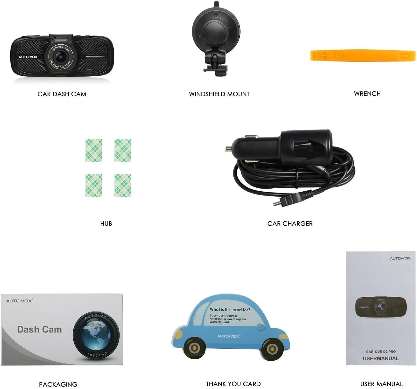 Contents of AUTO-VOX D2 PRO Dash Cam package including dash cam, windshield mount, wrench, adhesive hubs, car charger, packaging, thank you card, and user manual.