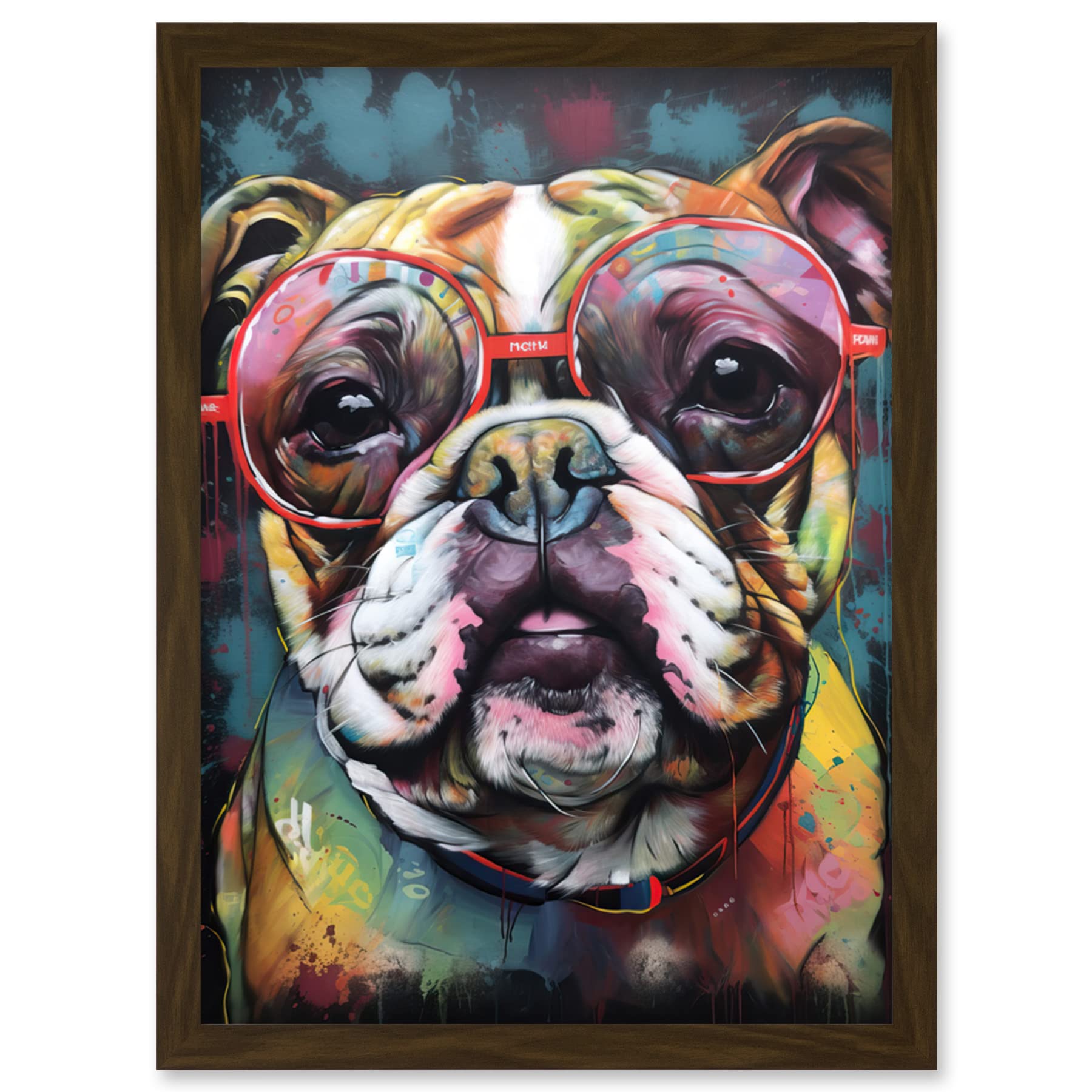 Artery8 English Bulldog Wearing Sunglasses Modern Detailed Artwork Framed Wall Art Print A4