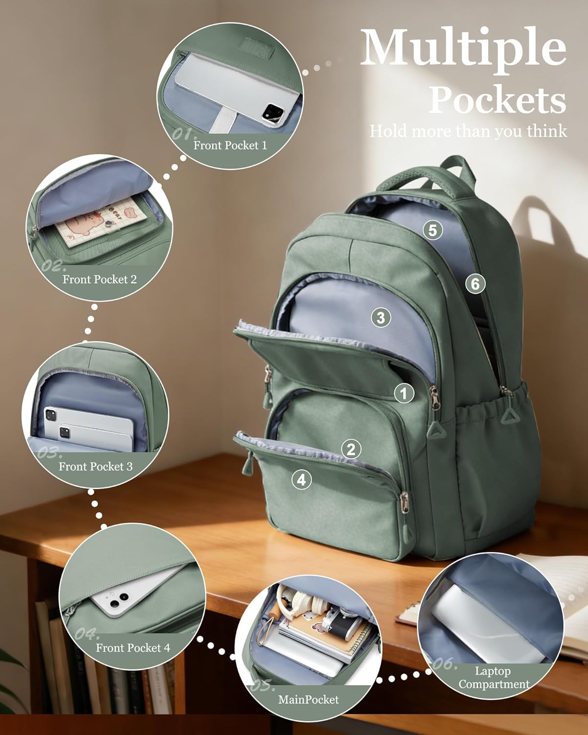 School Backpack for Women Men Cute Backpack for College Students Lightweight High School bag for Teens Girls Boys Waterproof Casual Daypacks Bookbag(Green) - Image 3