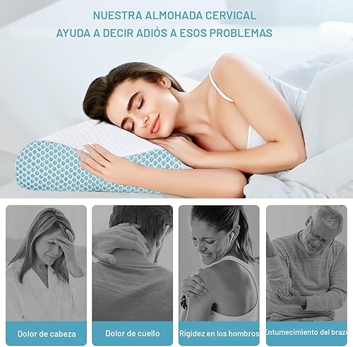 Miniatura 3 de Paquete de 2 almohadas refrescantes de espuma viscoelástica para dormir, almohada cervical ergonómica para aliviar el dolor de cuello y hombros,