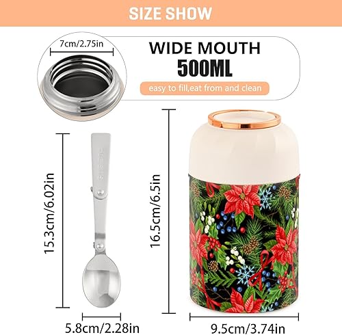 Miniatura 3 de Christmas Flowers Food Jar with Spoon Stainless Steel Vacuum Insulated Food Container 17 oz Thermos for Adults