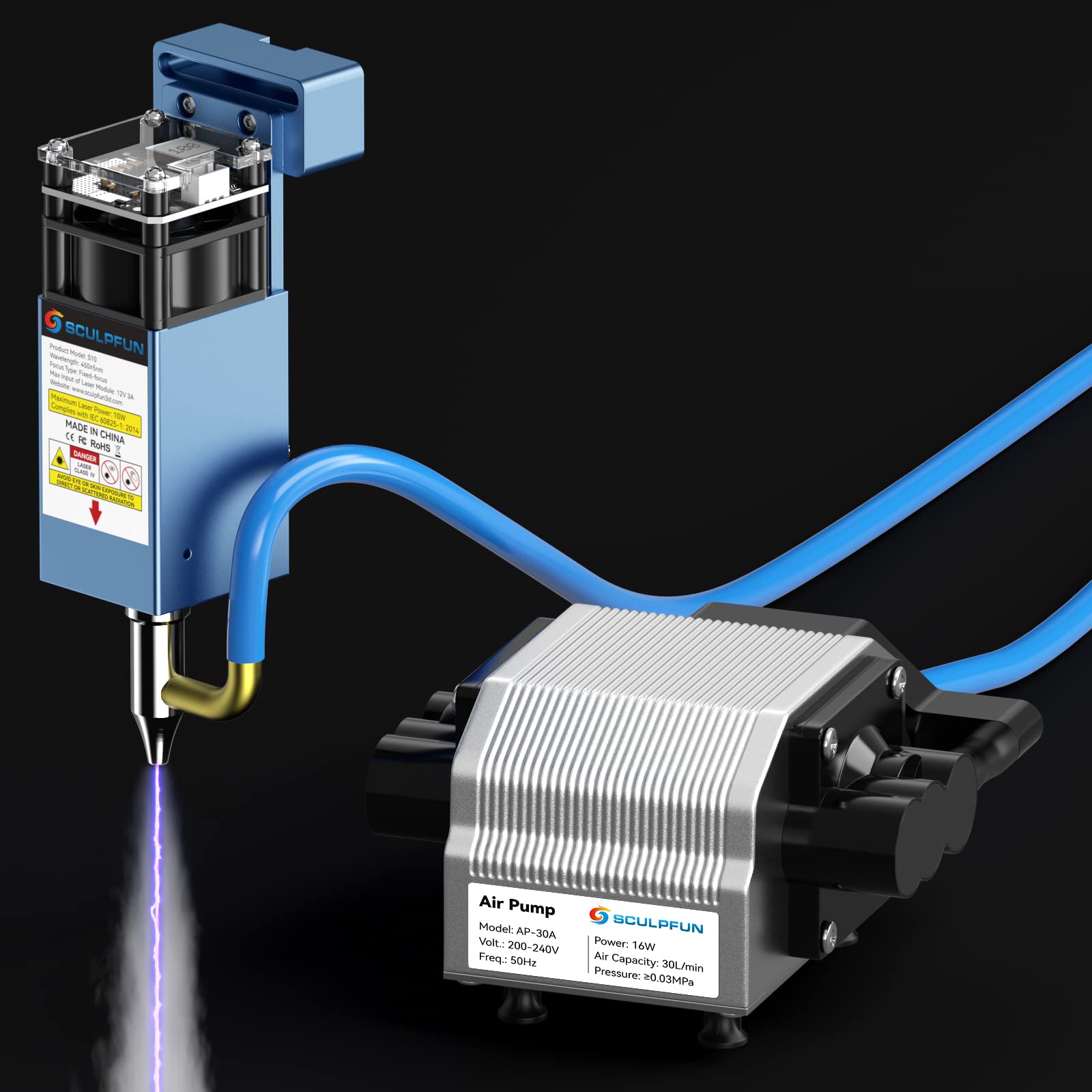 SCULPFUN Air Assist incisione laser SCULPFUN S10/S9 - Compressore d'aria con pompa ad aria compressa 30L/min per incisore laser Incisione e taglio ad alta precisione, incisione silenziosa 40dB s9/S10