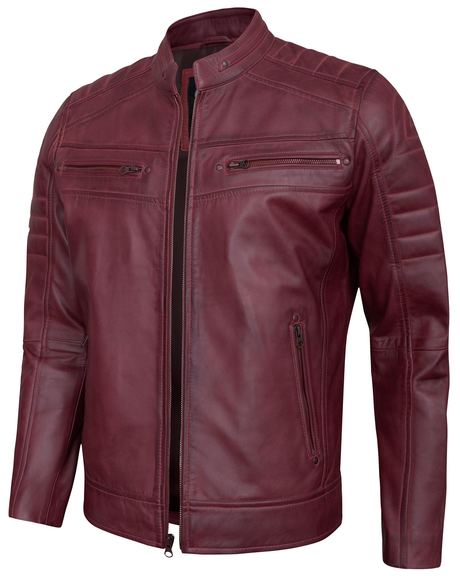UrbanFocal Maroon Quilted Mens Leather Jackets - Real Lambskin Cafe Racer Style Leather Motorcycle Jacket Men | [101000704] C.Racer Maroon, L