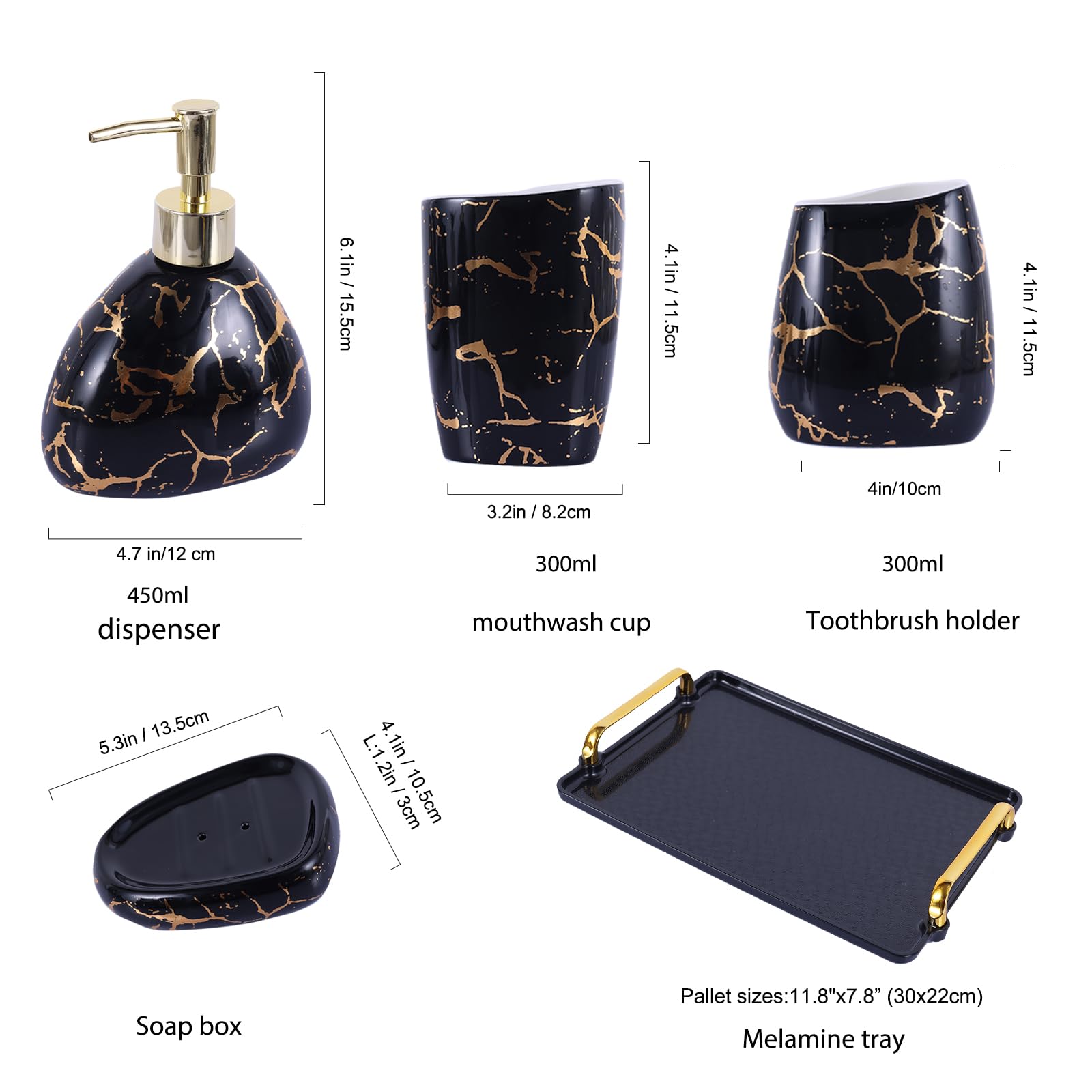 XYQXYQ Black Bathroom Accessories Set,Gold Marble Look Bathroom Decor,Modern 6 Piece Bathroom Accessory Set,Complete with Soap Dispenser,Toothbrush Holder,Tumbler,Tray Countertop - Image 2