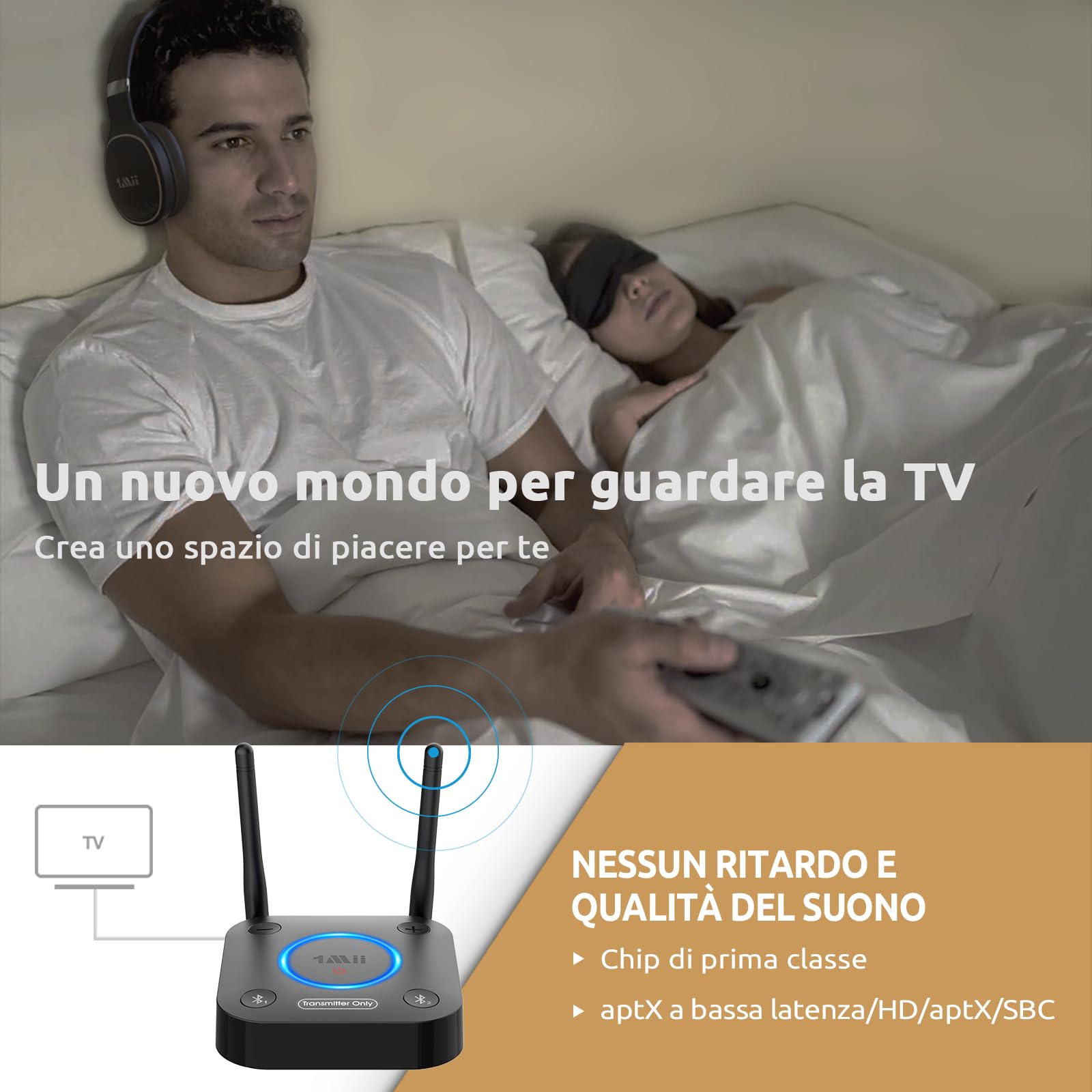 1Mii B06TX Trasmettitore Bluetooth 5.3 per TV a 2 Cuffie Bluetooth | aptX Bassa Latenza/HD, Lungo Raggio 60m, Adattatore Audio Wireless con Ingresso Ottico, Coassiale, AUX/RCA, Controllo Volume