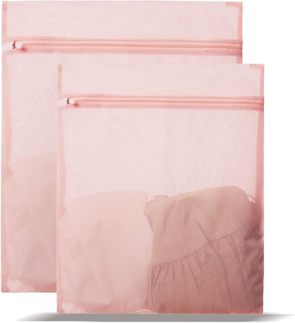 PRETTYGAGA Large Net Washing Bag Durable Honeycomb Mesh Laundry Bag with Zip Closure for Clothes set of 2 1M+1L pink