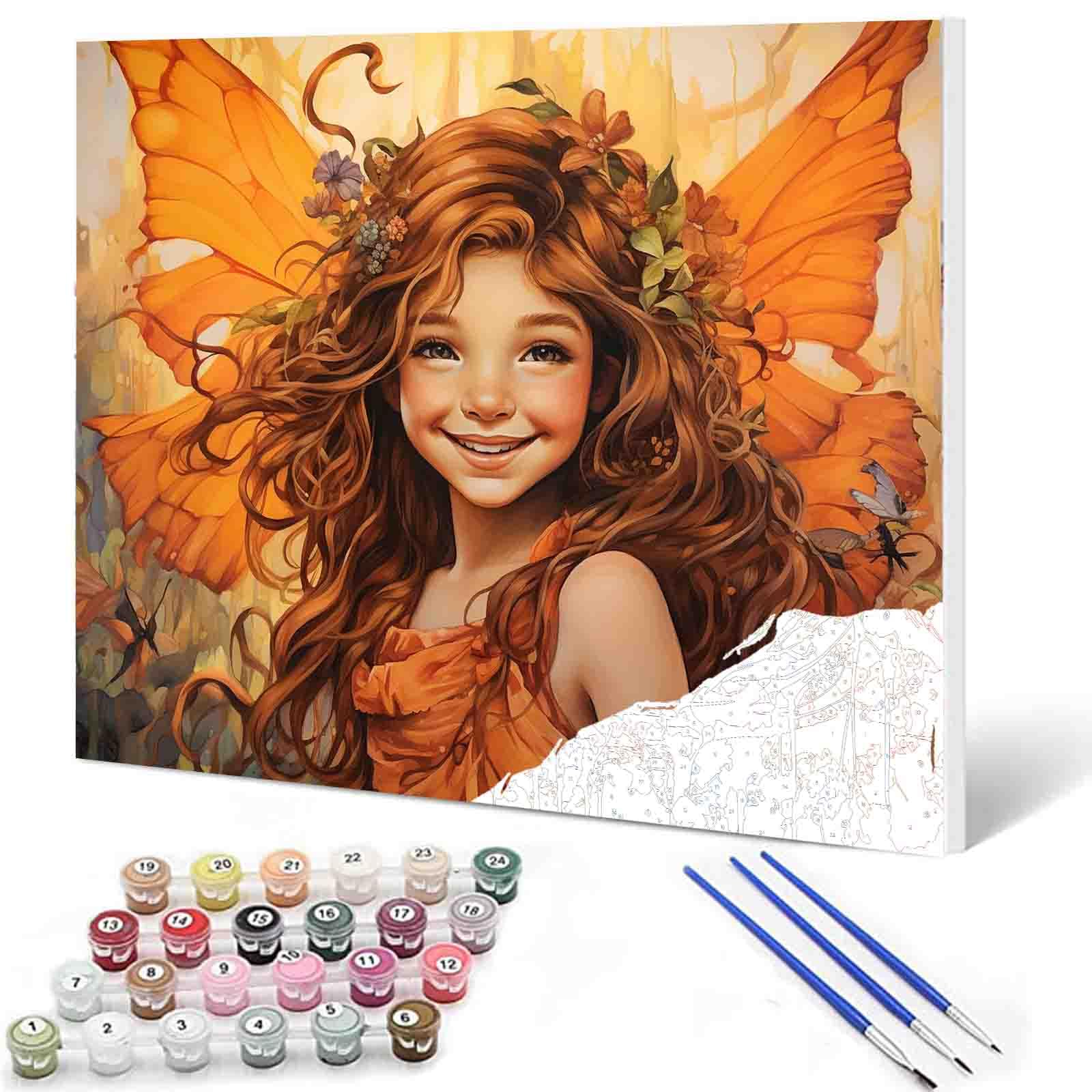 Angel Girl Butterfly Paint By Bumbers for Adults Beginner Cute Girl with Wreath DIY Paint by Numbers Acrylic Paint Canvas Orange Flower Bedroom Painting Kits Art 16x20 Inch （Without Frame ）