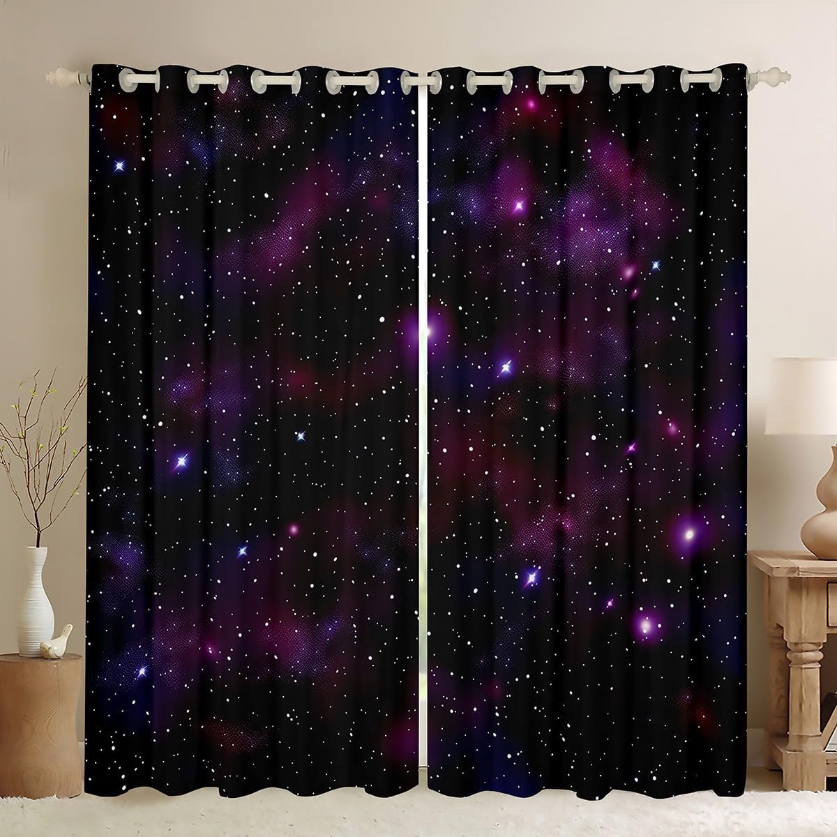 Purple Galaxy Window Curtains Universe Starry Sky Nebula Decor Window Drapes Adult Women Teens Curtain Panels For Living Room Bedroom Modern Abstract Style Window Treatments, 2 Panel Set 38"X45"