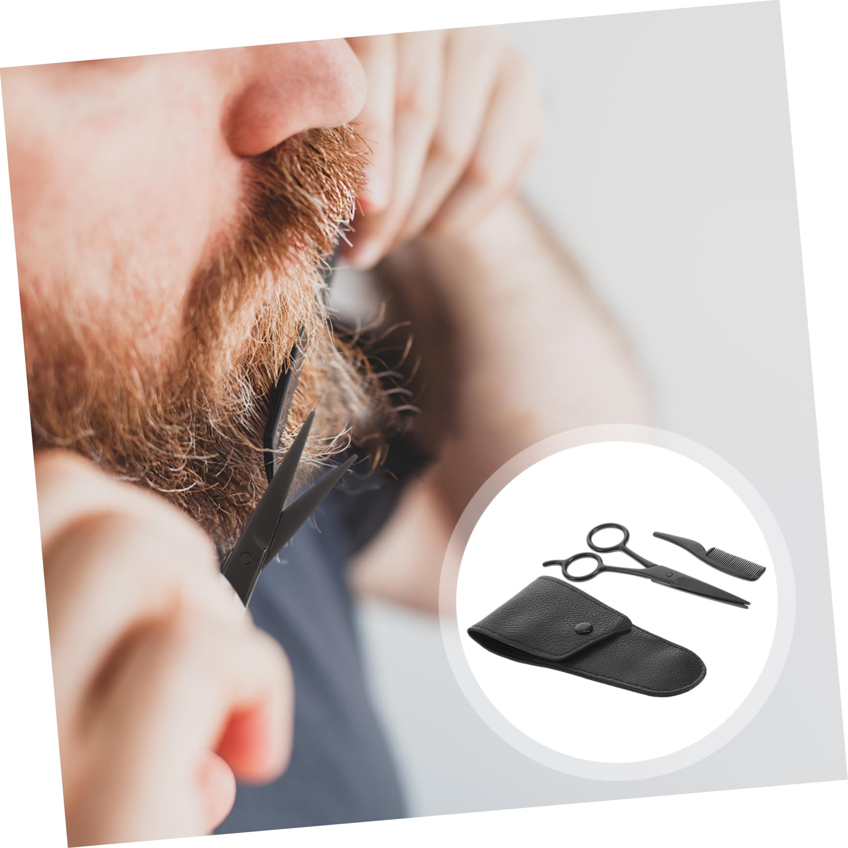 PLAFOPE 3pcs Mustache and Beard Trimming Scissors Set with PU Leather Storage Bag Stainless Steel Eyebrow and Nose Hair Cutting Tools for Home and Barbershop Grooming