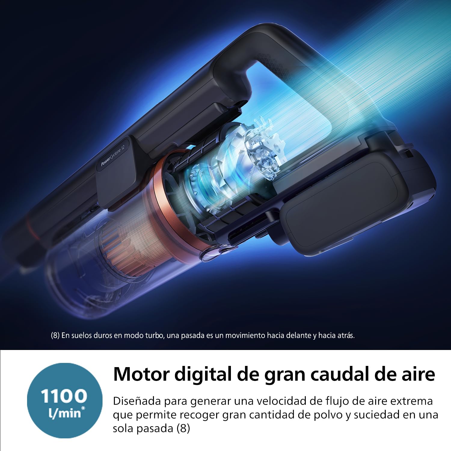 PHILIPS Aspiradora sin Cable Serie 7000 Aqua, Motor Digital, Tecnología PowerCyclone 12, con Luces LED, Módulo Aqua acoplable, hasta 80 min de autonomía, con 2 Accesorios, Azul (XC7053/01)