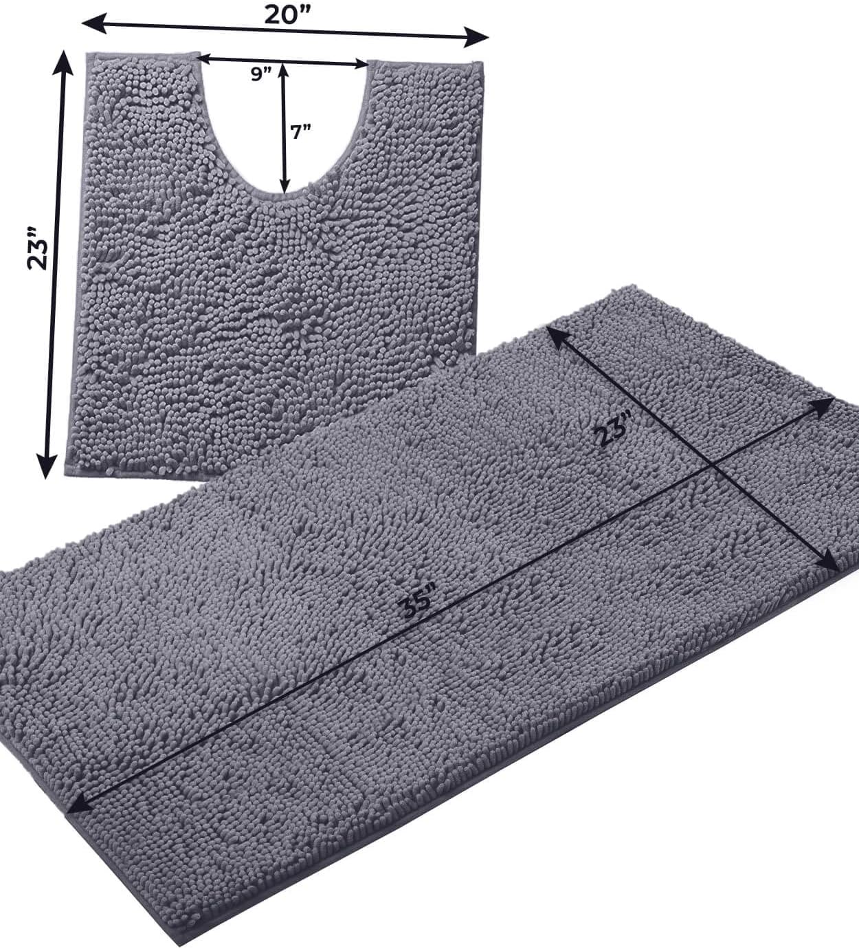 Bathroom Rugs Sets 2 Piece, Luxury Chenille Bath Mat Set, Soft Plush Anti-Slip Bath Rug + U-Shaped Toilet Mat. Microfiber Shaggy Carpet, Super Absorbent (24” x 36” & 20” x 24” U, Dark Grey)