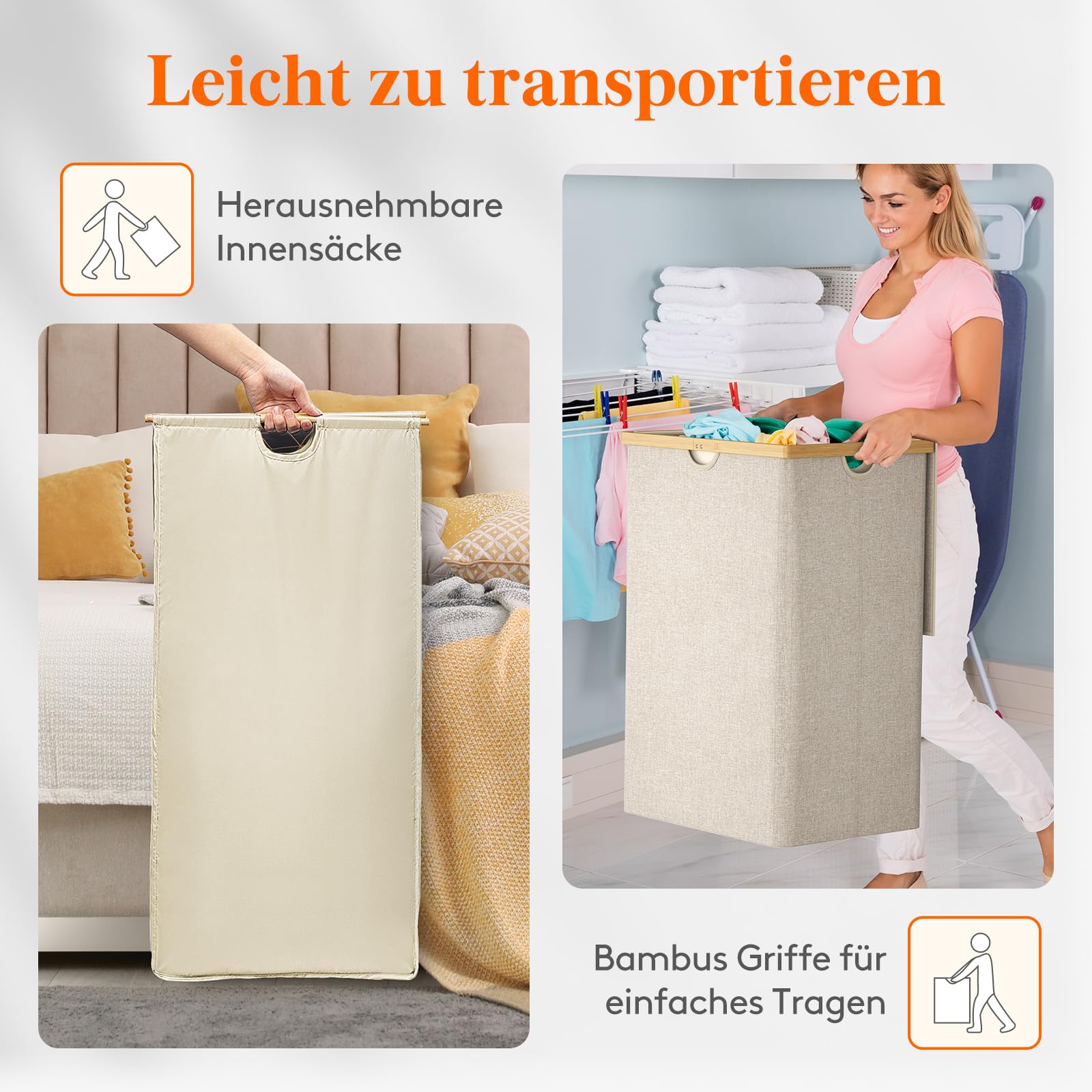 Lifewit 170L Bambus Wäschekorb mit Deckel, Faltbar Wäschesammler 3 Fächer Wäschesortierer mit Abnehmbarem Wäschesack Bambus Griffen Wäschebox Laundry Baskets für Waschküche, Schlafzimmer, Beige