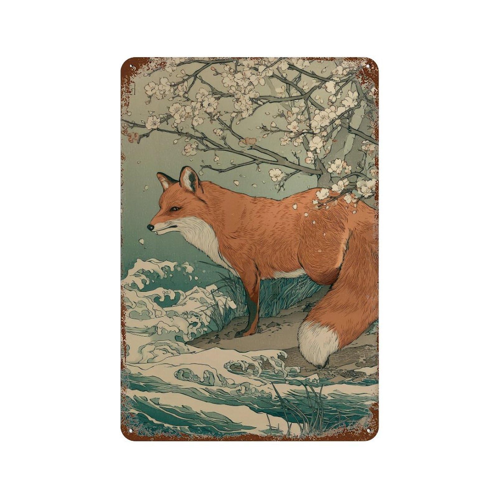 xiaoxiaoshen Fox Animal Illustration. Japanese Ukiyo Wall Decor Art Metal Tin Poster Modern Home Decor Art Home Bar Shop Decorations Vintage Sign 30x20cm