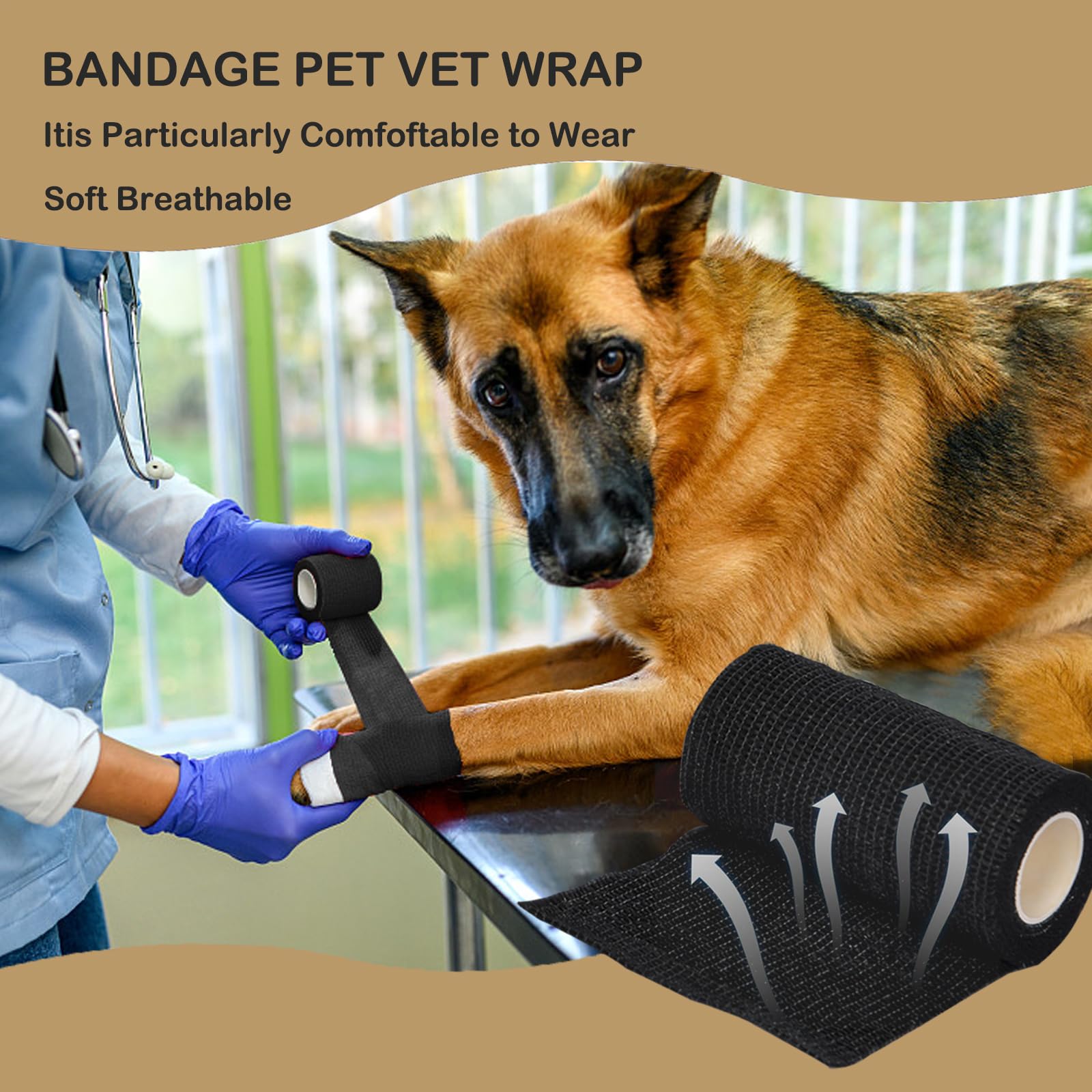 12 Rotoli Benda Elastica Autoadesiva, Traspirante Bendaggio Coesivo,Bendaggio per Animali Domestici Garza Autoadesiva Bende Motivo a Wrap Tape per Piedi,Braccia(Nero 10cm x 4.5m)