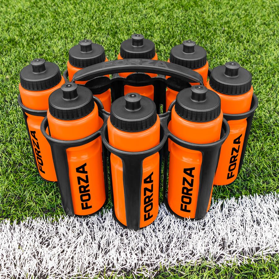 FORZA Water Bottles + Carrier Set [8x Bottles] | Hygeine [1L] or Sports Bottle [750ml] with Stackable Carrier for Football, Rugby, Training, Gym & Teams (Orange, Sports Bottles)