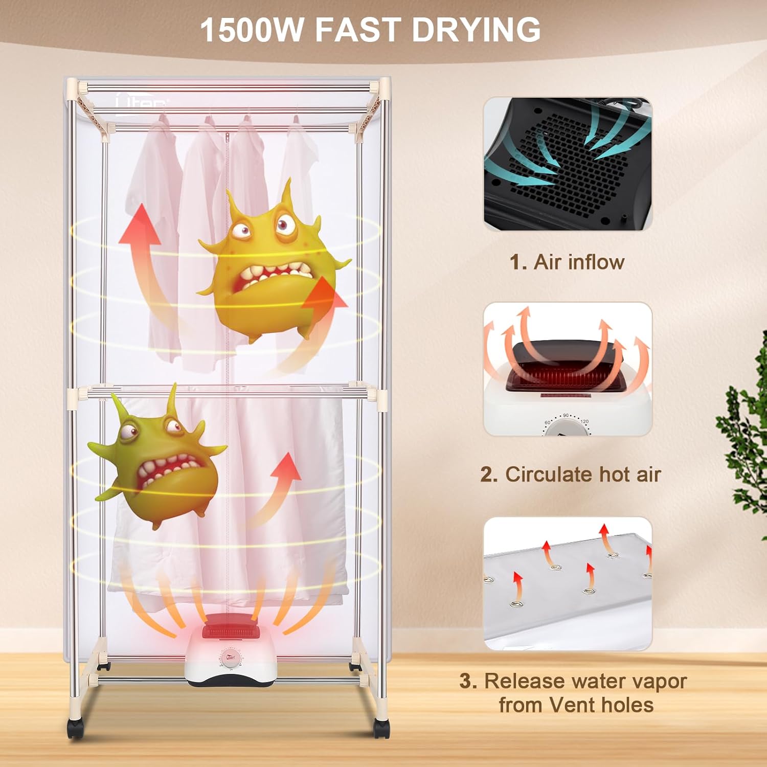 Uten Clothes Dryer Machine, Laundry Drying Wardrobe with Timer, Electric Clothes Drying Rack and Dryer for Apartments, Home
