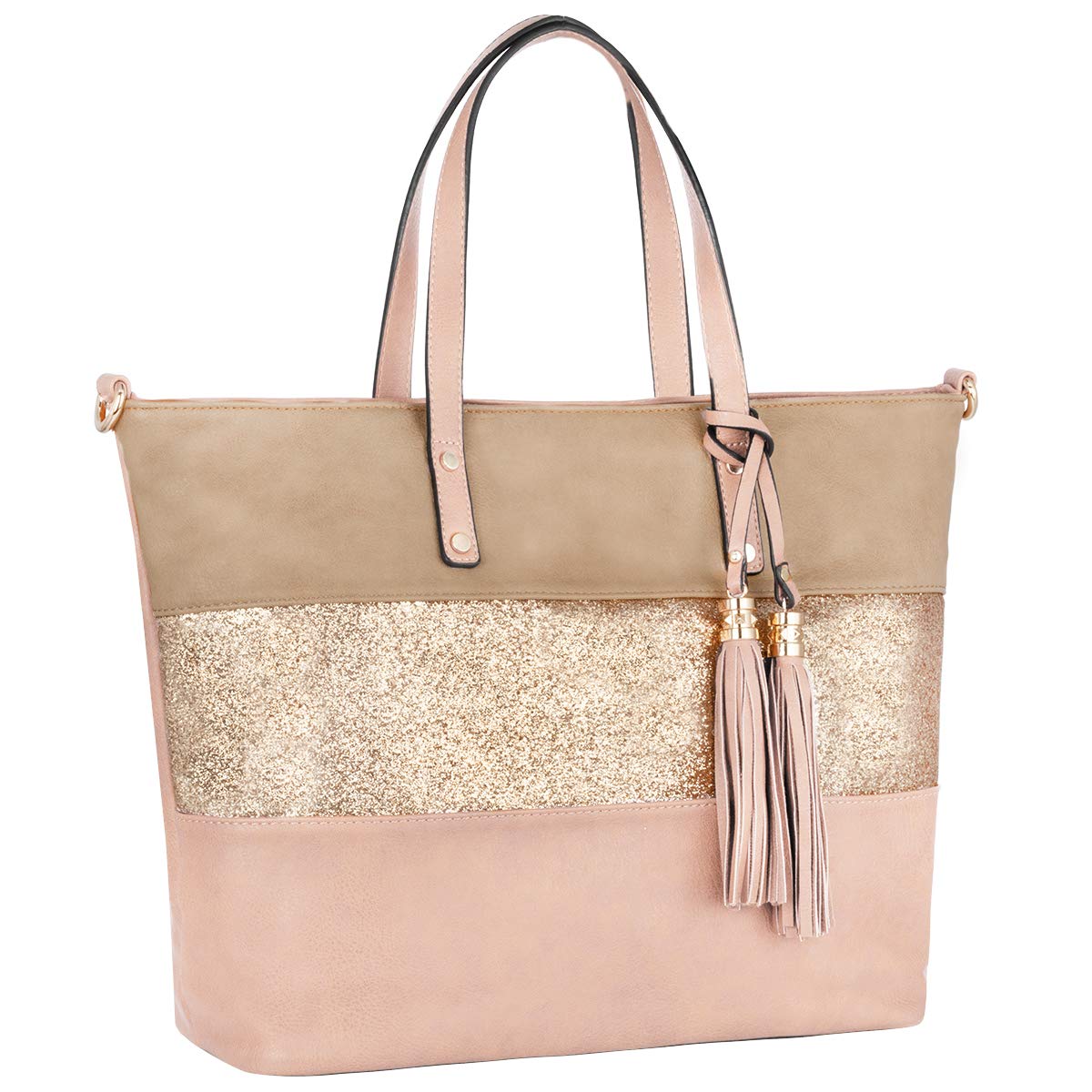 CRAZYCHIC - Damen Streifen Pailletten Handtasche - Tote Shopper Weiches PU Leder - Schultertasche Umhängetasche - Casual Multicolor Gestreift Große Kapazität - Arbeit Schule Strand Shopping - Rosa