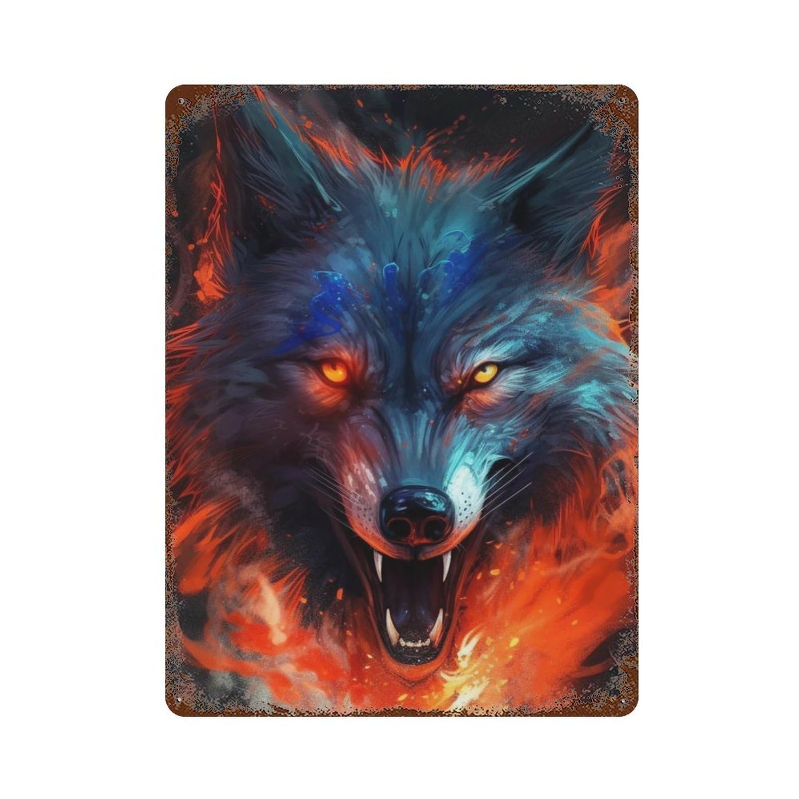 Fiery Wolf Art Print Vintage Metal Tin Sign 15.7"x11.8", Farmhouse Wall Decor for Garage, Bar And Workshop Decor