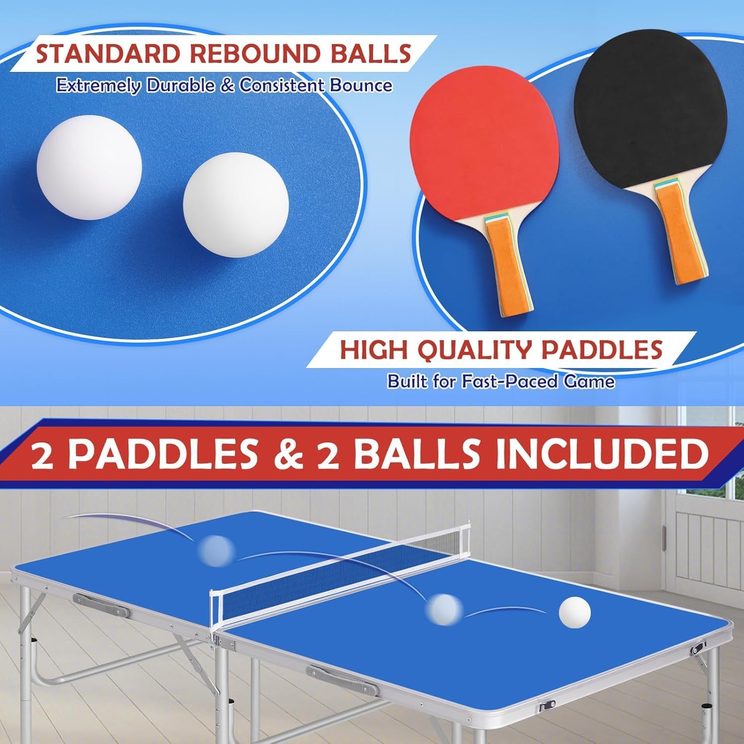 Tavolo Pieghevole, Tavolo Portatile per Il Tempo Libero, Tavolo da Ping Pong con Rete, Tavolo da Ping Pong con 2 Palline E 2 Racchette, per Uso Interno Ed Esterno