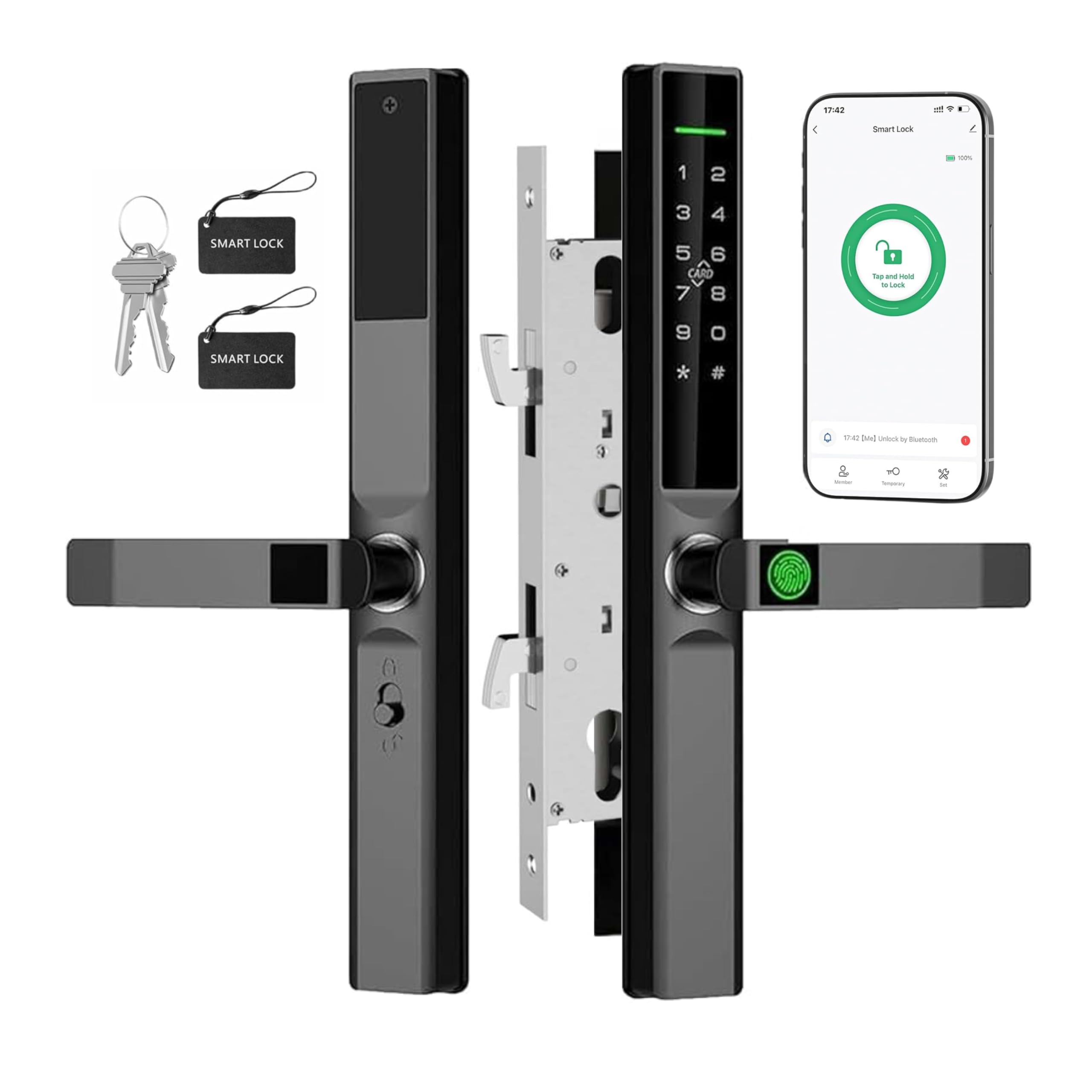Sliding Door Smart Lock with Handle Fingerprint, Keyless Entry, App Control, Waterproof, Auto-Lock for Glass & Aluminum Doors