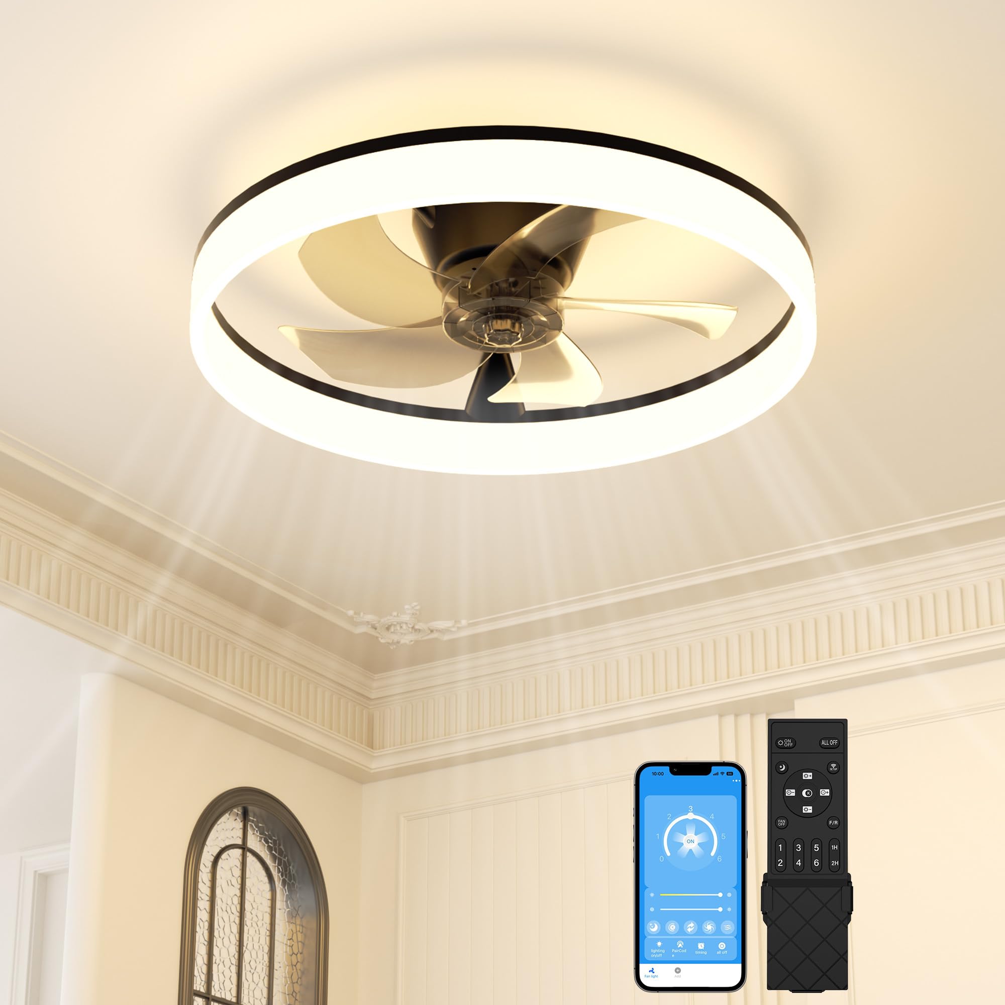 Sunkenet Black Ceiling Fans With Lights And Remote, 50Cm Led Fan Ceiling Light, 3000K-6500K Dimmable Smart Ceiling Fan Light, 6 Wind Speeds & Reversible, Modern Fan Light Ceiling For Bedroom