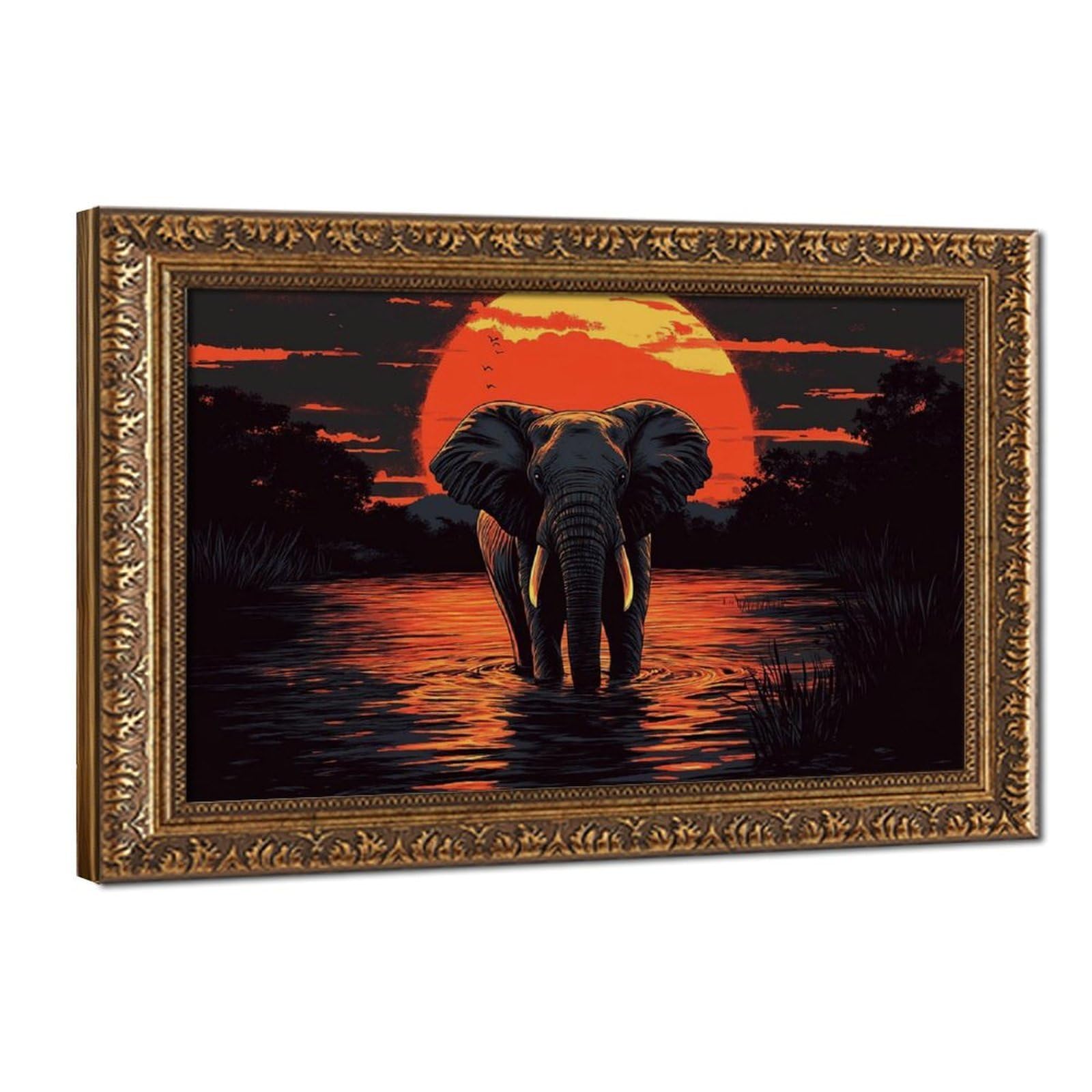 Pyberon Retro Gold Frame-Style Elephant Sunset, African Wildlife Canvas Poster For Dorm Room Decor Gift