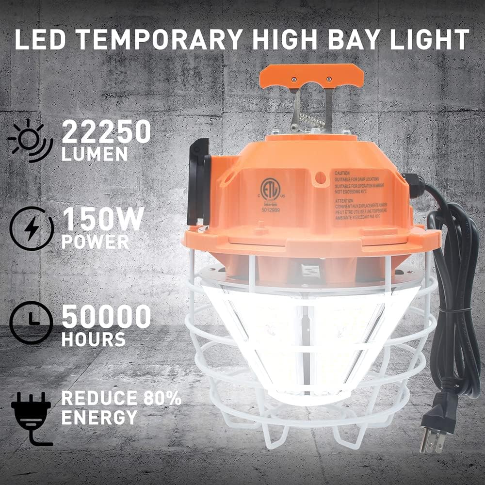 Blасk Frіdау - 40% оƒƒ 150W High Bay Outdoor Temporary LED Work Light 22250Lm 5000K Daylight White with Stainless Steel Guard and Hook Portable Hanging Lighting for Construction Job Site