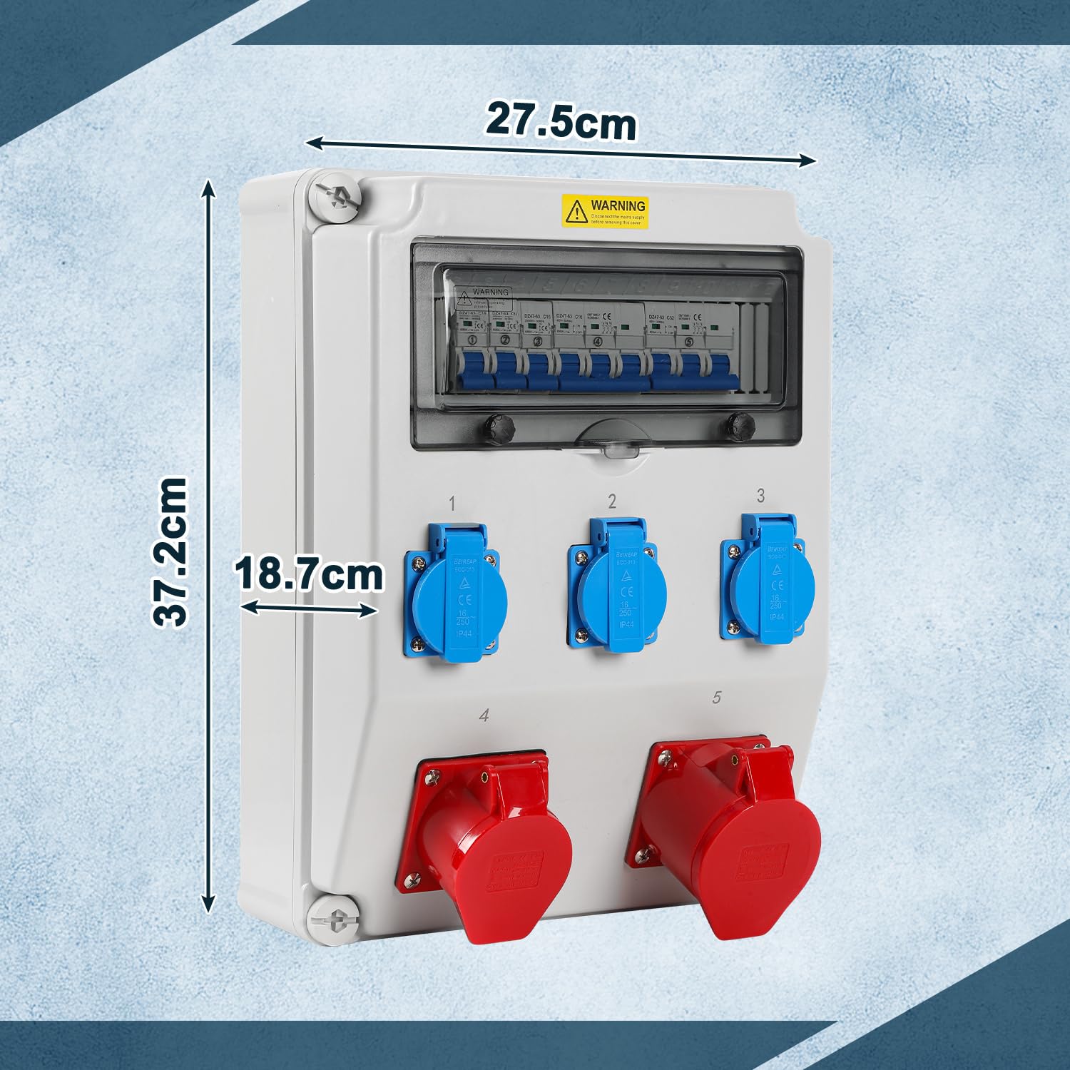 Distributore di corrente IP65 senza FI, con CEE 16A & 32A 400V e Schuko 230V, distributore a parete a 5 poli per cantieri, industrie, interni ed esterni, alloggiamento resistente alle