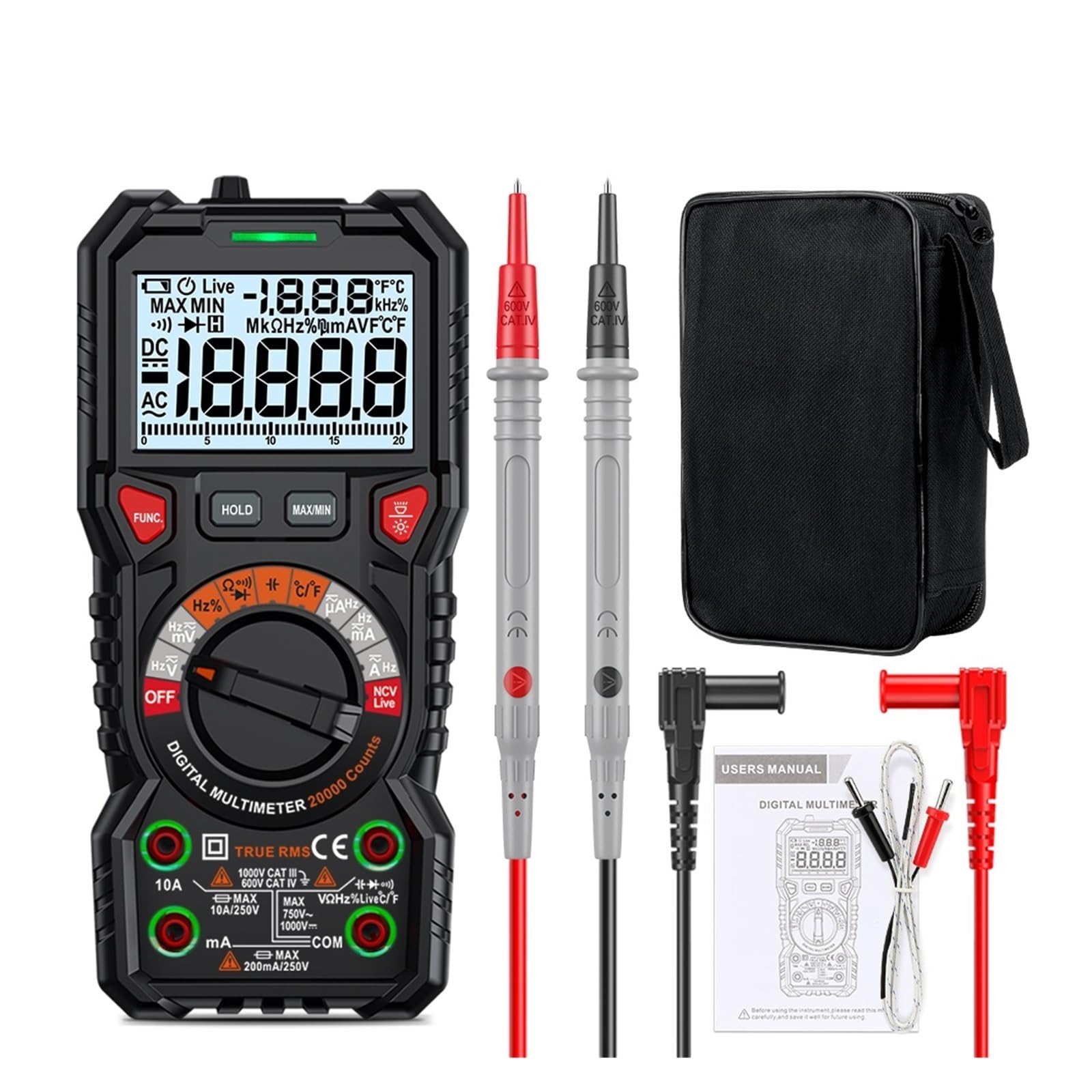 Multímetro Digital 20000 Cuenta Verdaderos NCV Multímetros Transistor Tester Voltimetro Medidor De Capacitancia Lectura Rápida Precisa Sencilla(118E)