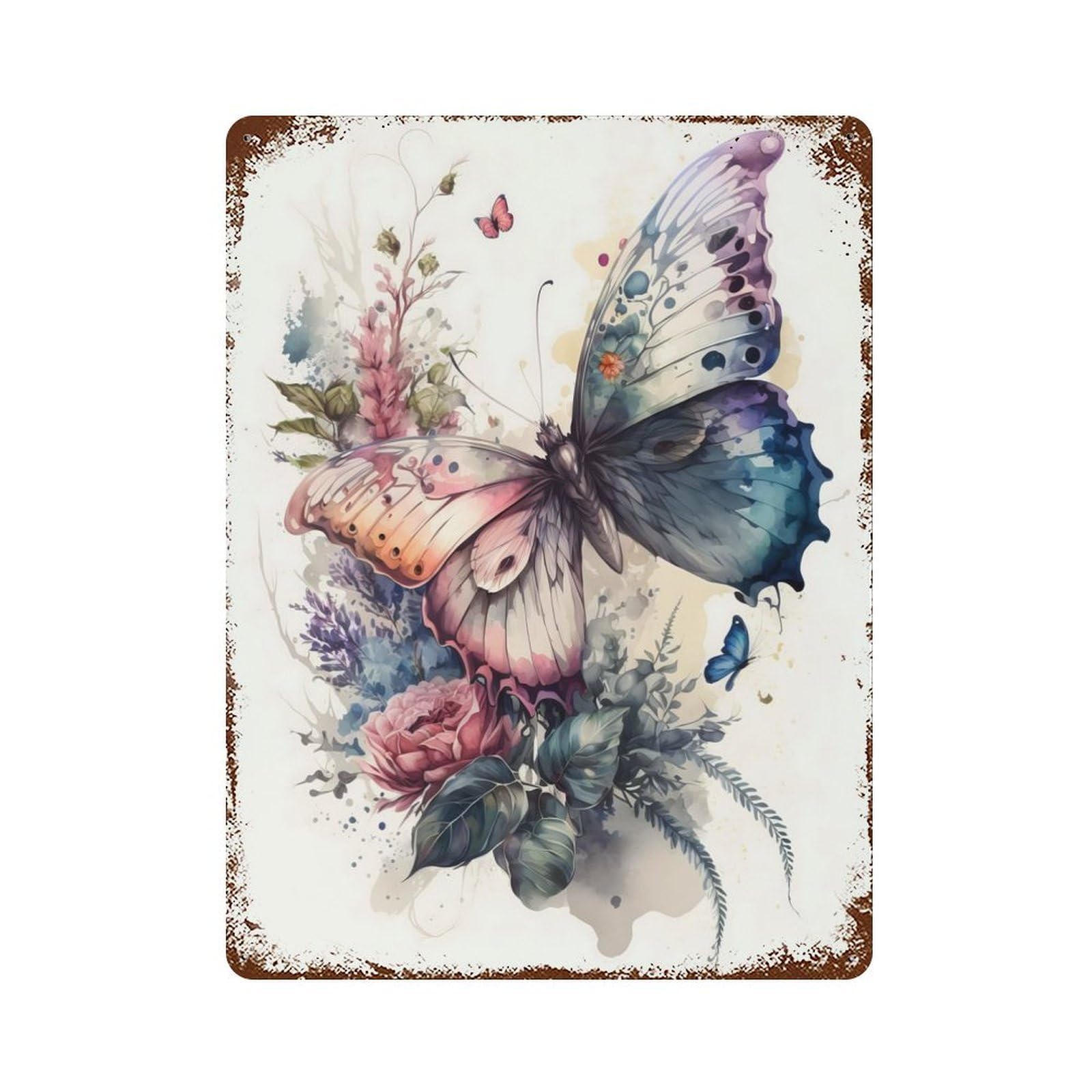 Garage Style Butterfly Watercolor Rusty Metal Tin Sign 15.7"x11.8", Shabby Chic Decor for Bar And Workshop