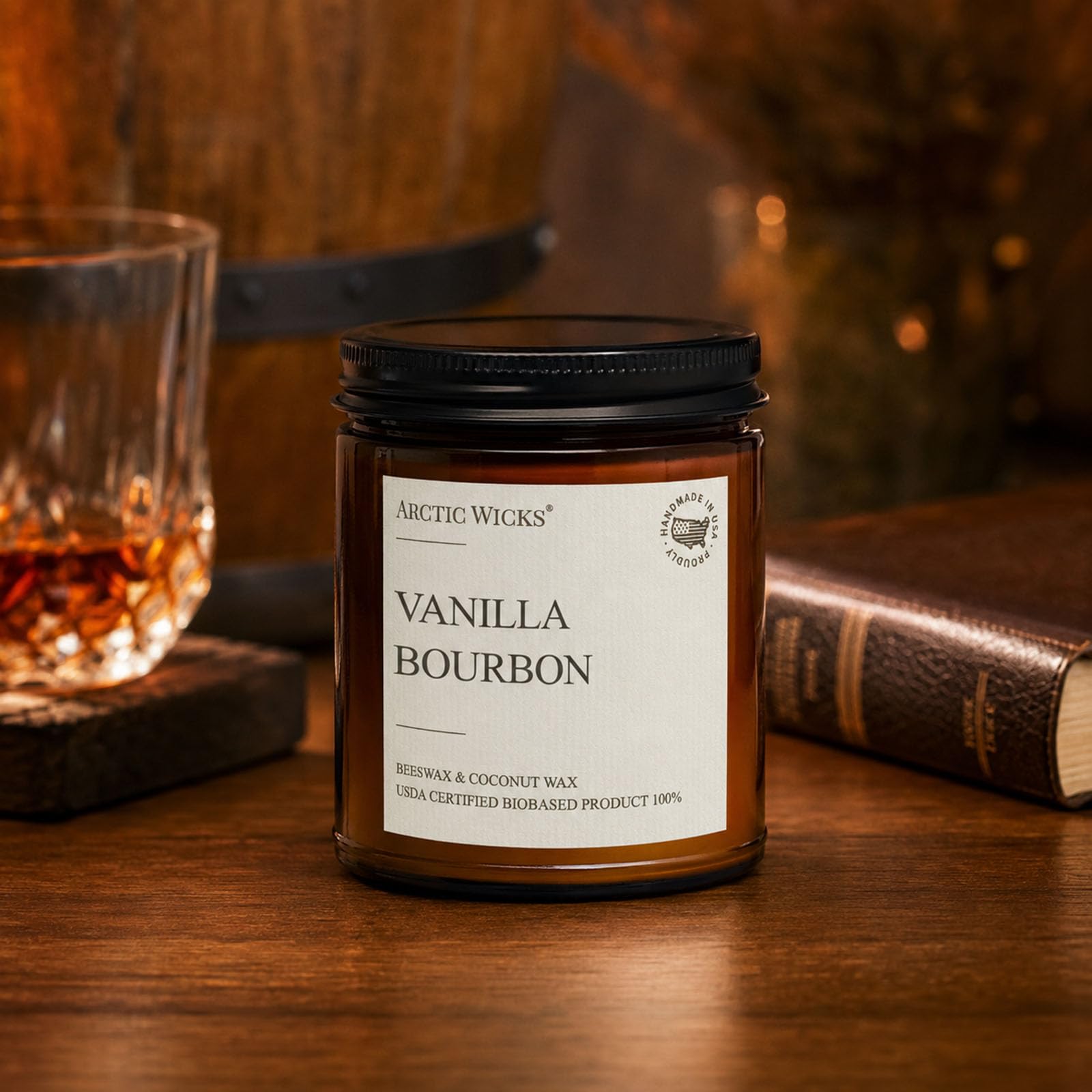 Vanilla Bourbon-Kerze, Arctic Wicks Kokosnuss- und Bienenwachskerzen, ungiftige Duftkerzen für Herbst, Winter, Urlaub, Geschenke für ihn, Whiskey-Bourbon, Vanille-Kerze, USDA-zertifiziert, biobasiert