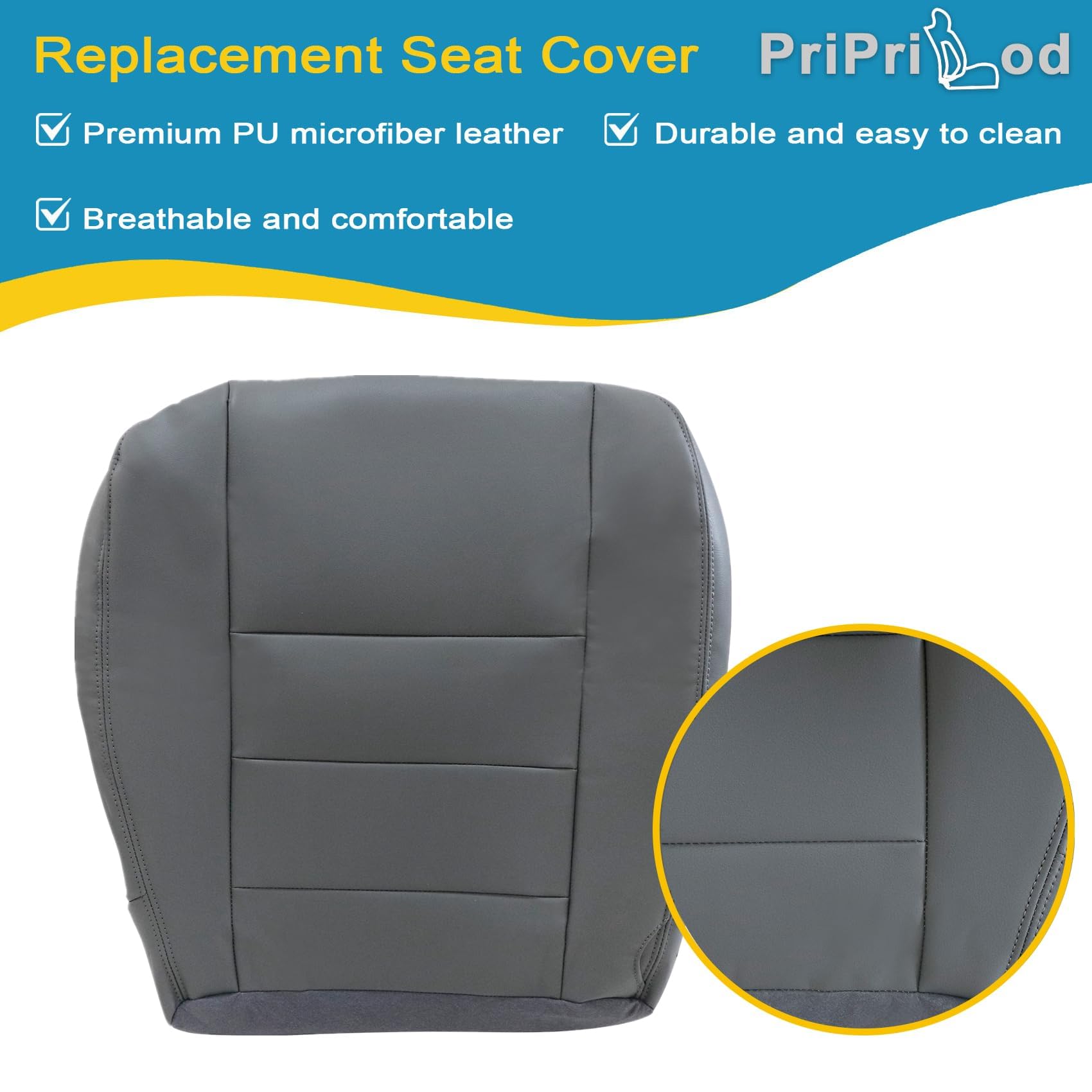 Priprilod Leather Gray Super Duty Lariat Driver Side Bottom Replacement Seat Cover Compatible with Ford F250 F350 2002 2003 2004 2005 2006 2007