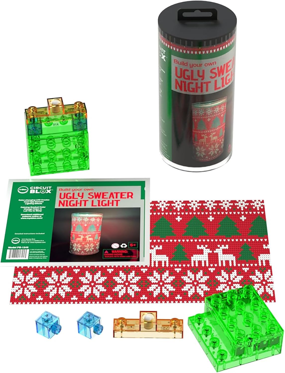 E-Blox: Power Blox BYO: Holiday Night Light - Ugly Sweater 2 - Glowing Color Changing LED Block, Image Projection Slip, DIY Craft Kit, Kids Ages 5+