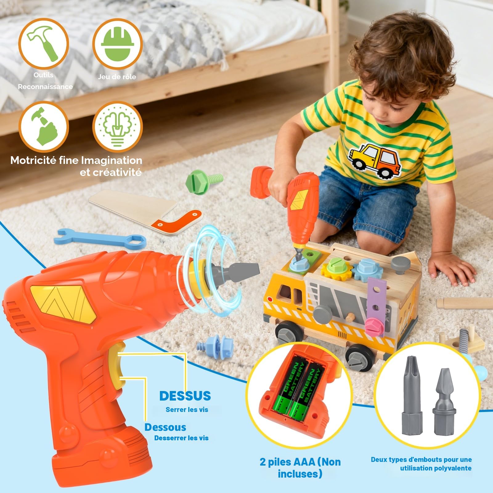 Jouet Enfant 3 Ans, Enfant Montessori Jeux Enfants 3 Ans avec Perceuse, Jouet en Bois Outil Enfant 40 Pièces, et établis Cadeau Garcon Fille 3 4 5 Ans