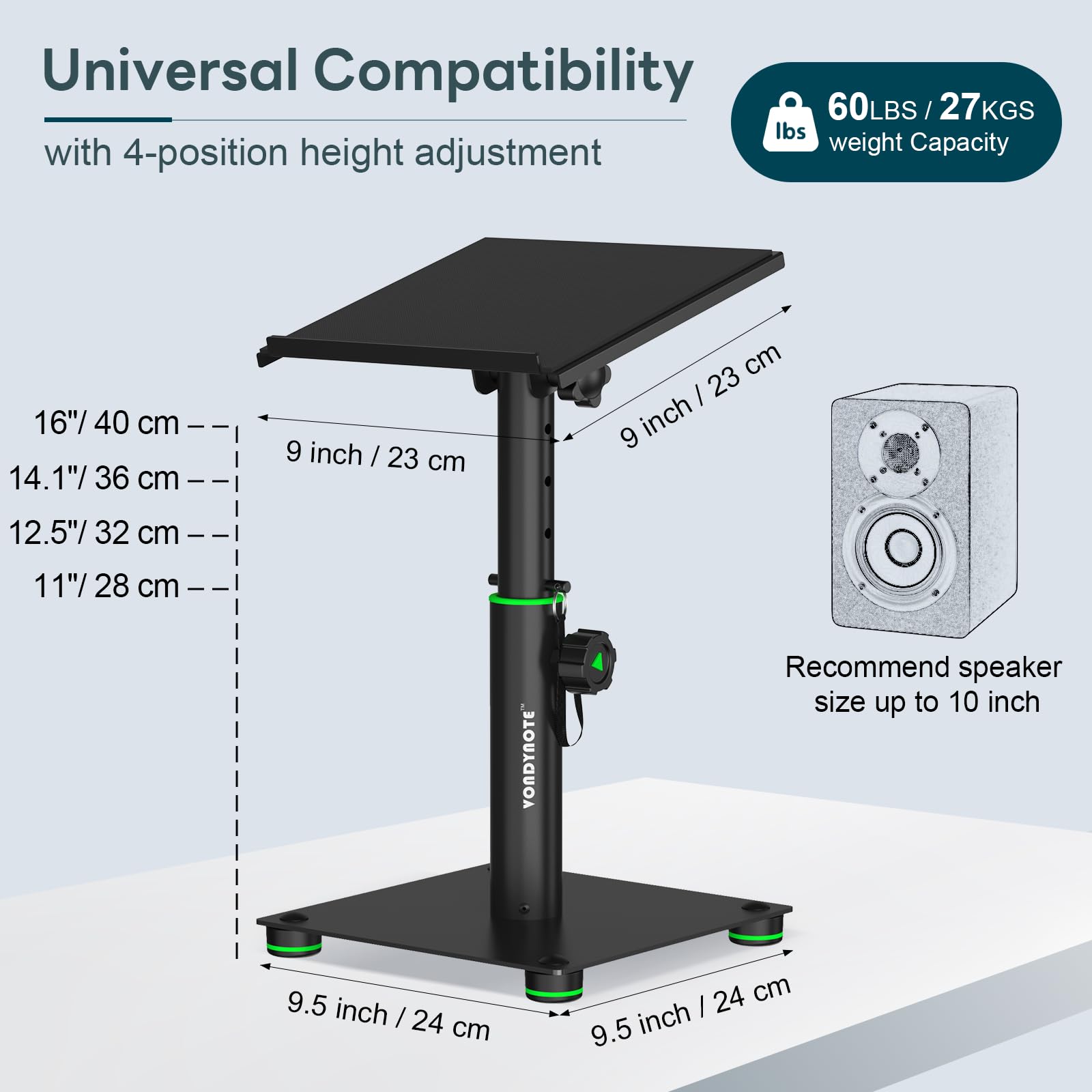 Vondynote Coppia di supporti per altoparlanti da scrivania, inclinabili a 12°, altezza regolabile da 27,9 cm a 40,6 cm, supporti in metallo per monitor da studio, laptop o proiettori