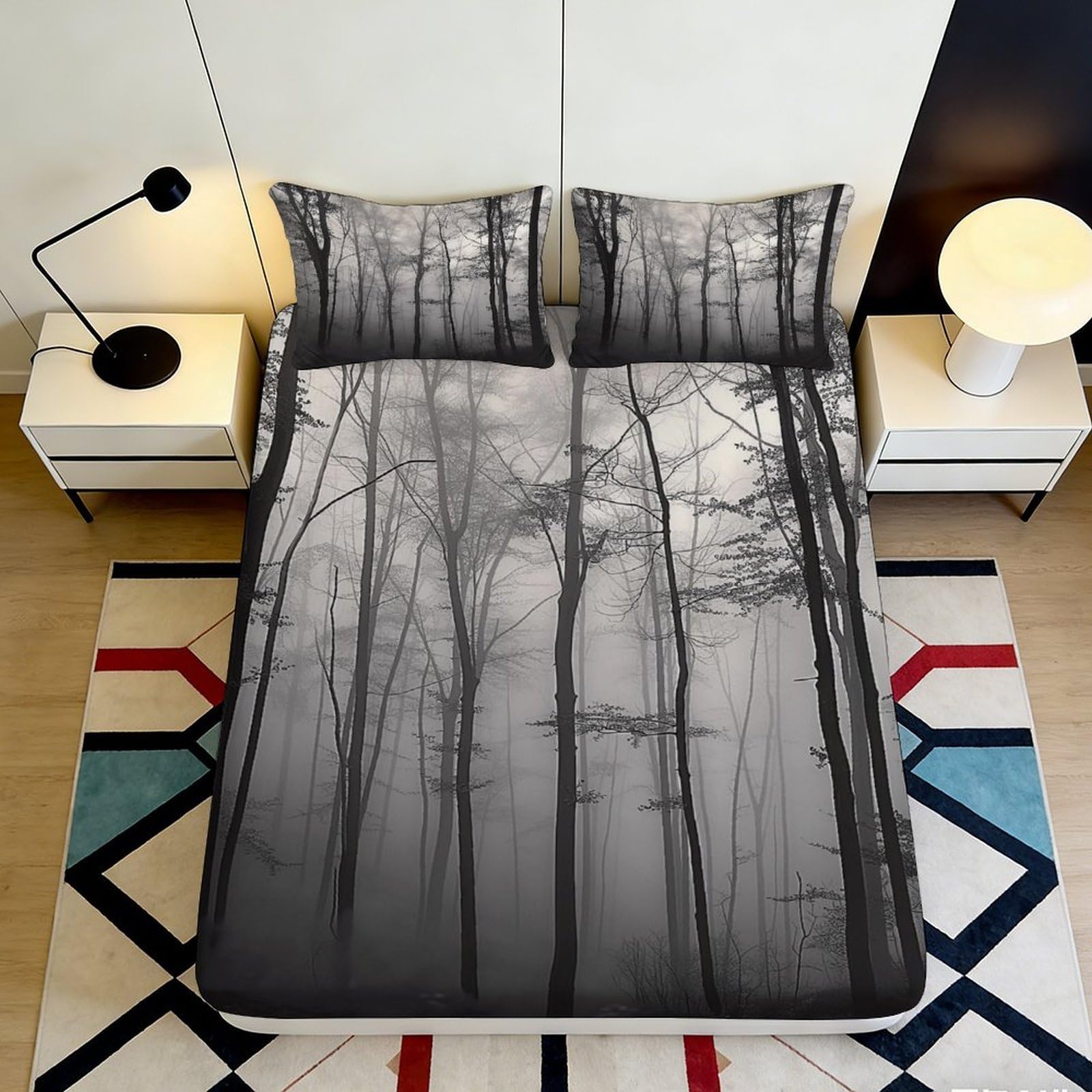 Jqzkxnhpbr Style-4 3D Printed Misty Forest Fitted Sheet Microfiber Soft Grey Black Tree Mattress Cover For Bedroom Guest Room Decor 90X200x25cm