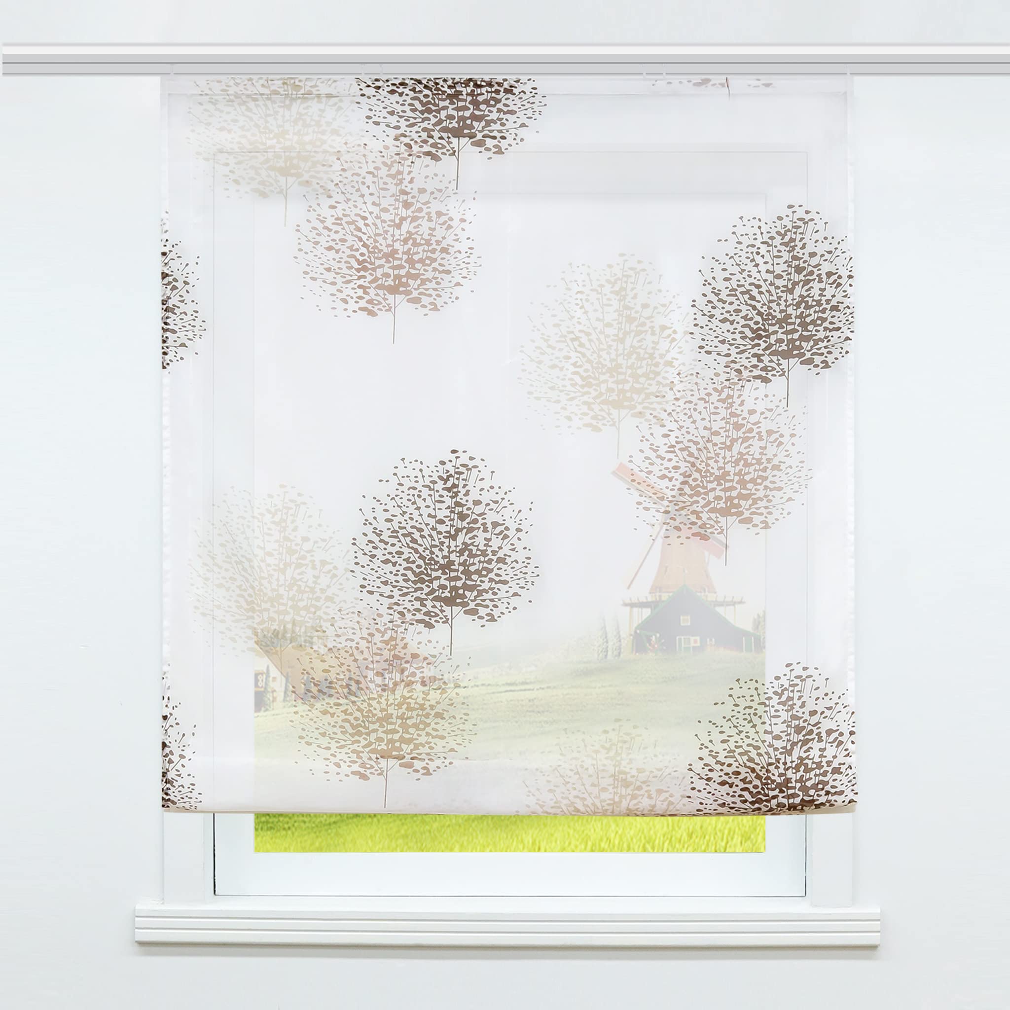 Voile Raffrollo mit Klettband Küche Transparente Raffgardine Bändchenrollo Modern Voile Baum Muster Weiß BxH 120x140cm 1 Stück