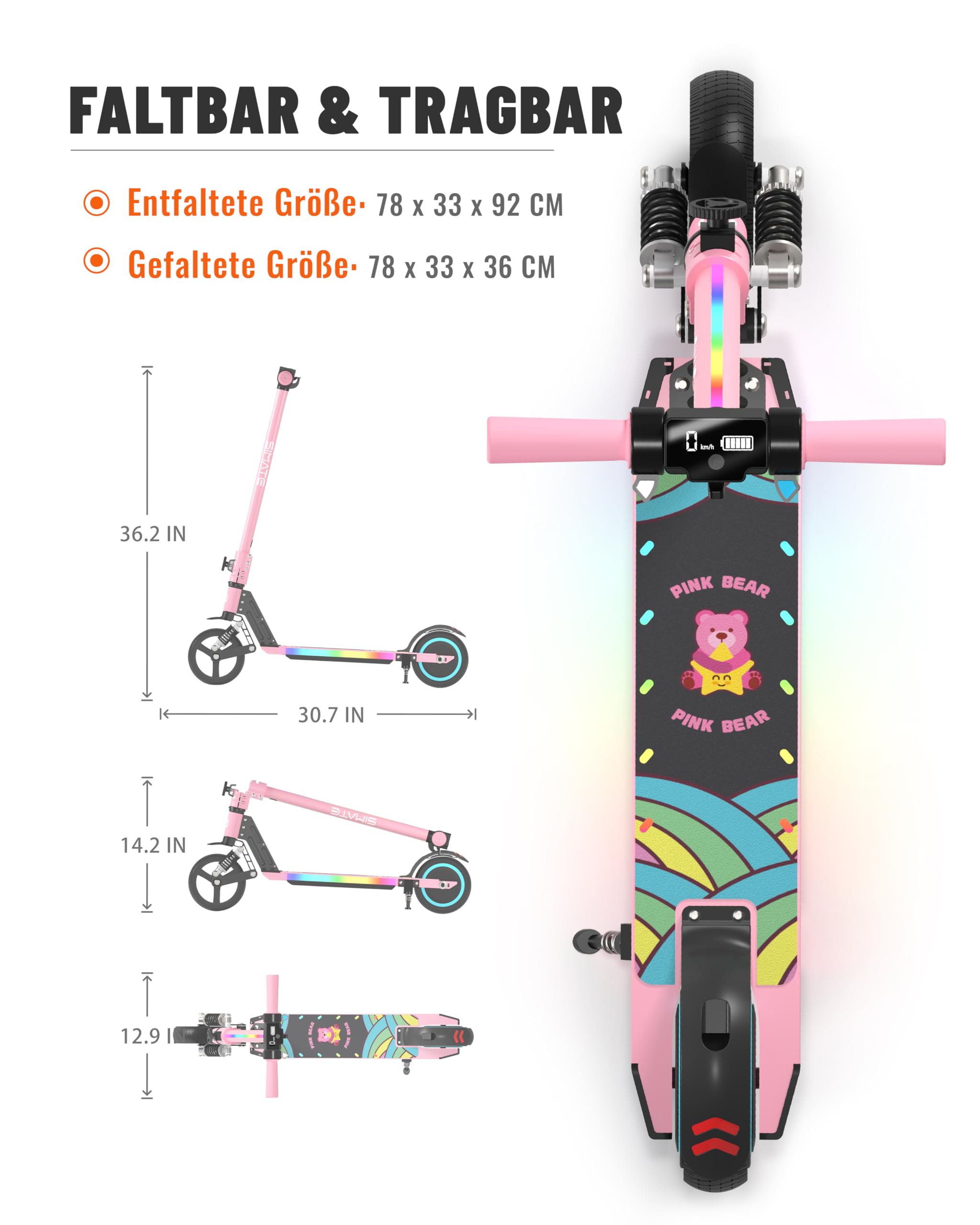 Patinete Eléctrico Niños 6-12 Años Plegable Seguro 14km/h 8KM Luces LED Color Frenos Dobles Pantalla Regalo Cumpleaños