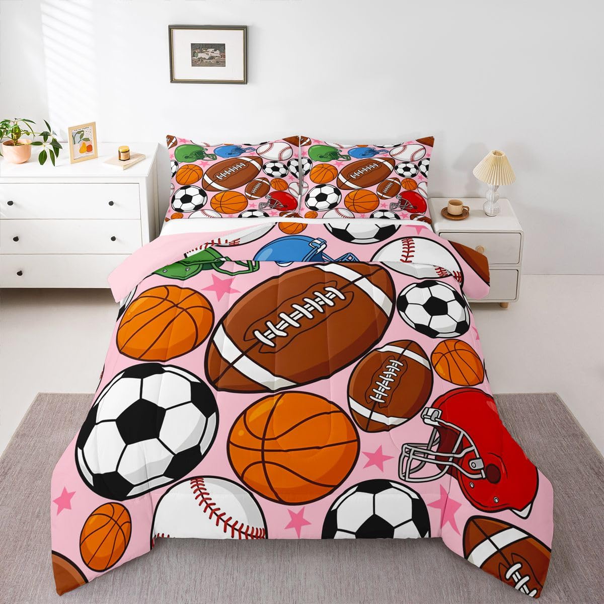 Feelyou Football Bedding Set Soft for Boys Girls, Basketball Sports Comforter Set Queen Size Baseball Gaming Duvet Quilt Microfiber Pink Soccer Ball Game Bedroom Decor 3 Pcs with 2 Pillow Cases