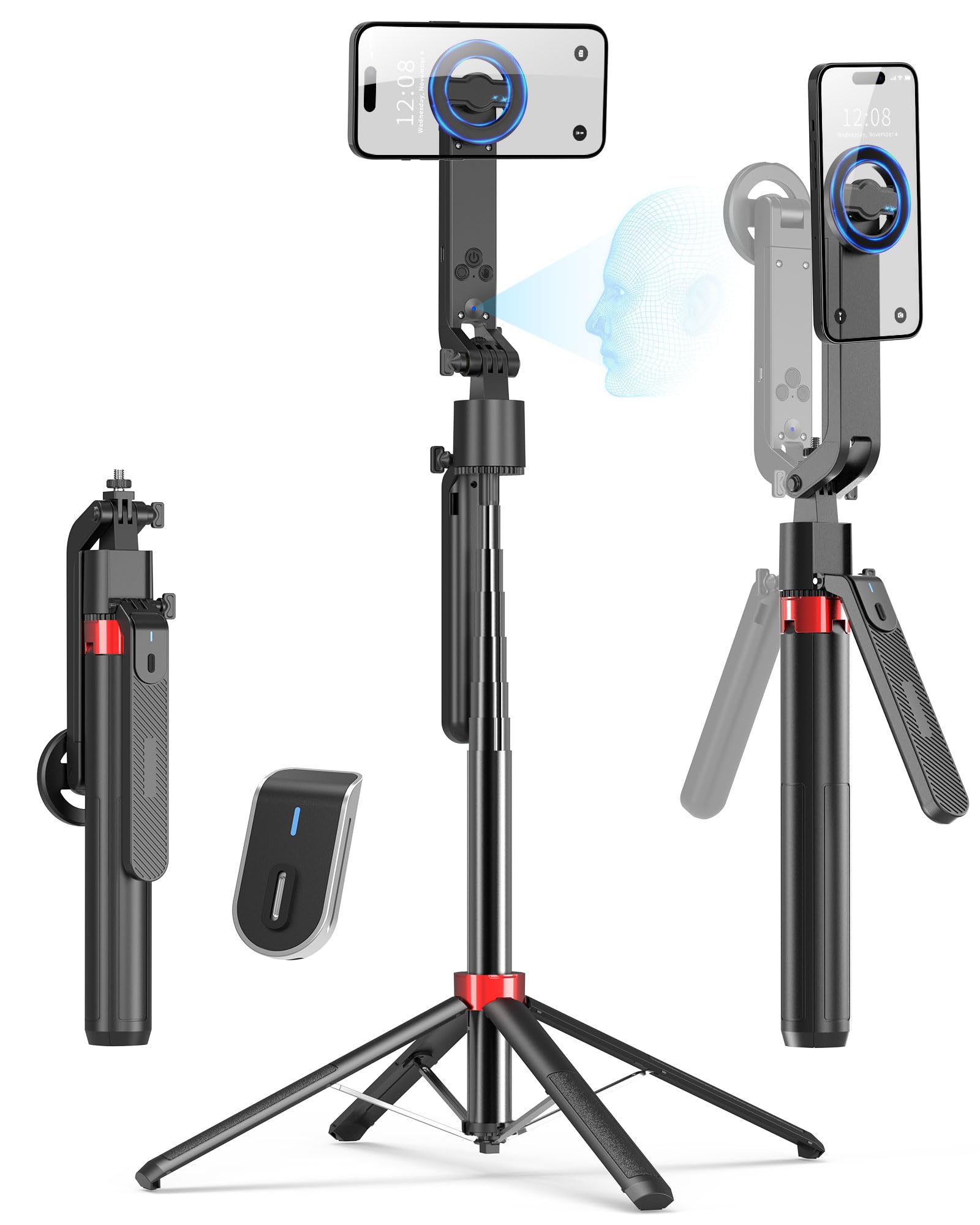 PlusAcc 184cm Auto Face Tracking Stativ Magnetischer Selfie Stick 360° Drehung Halter mit Fernbedienung kompatibel Magsafe Smartphone Videoaufnahmen Vlogging TikTok