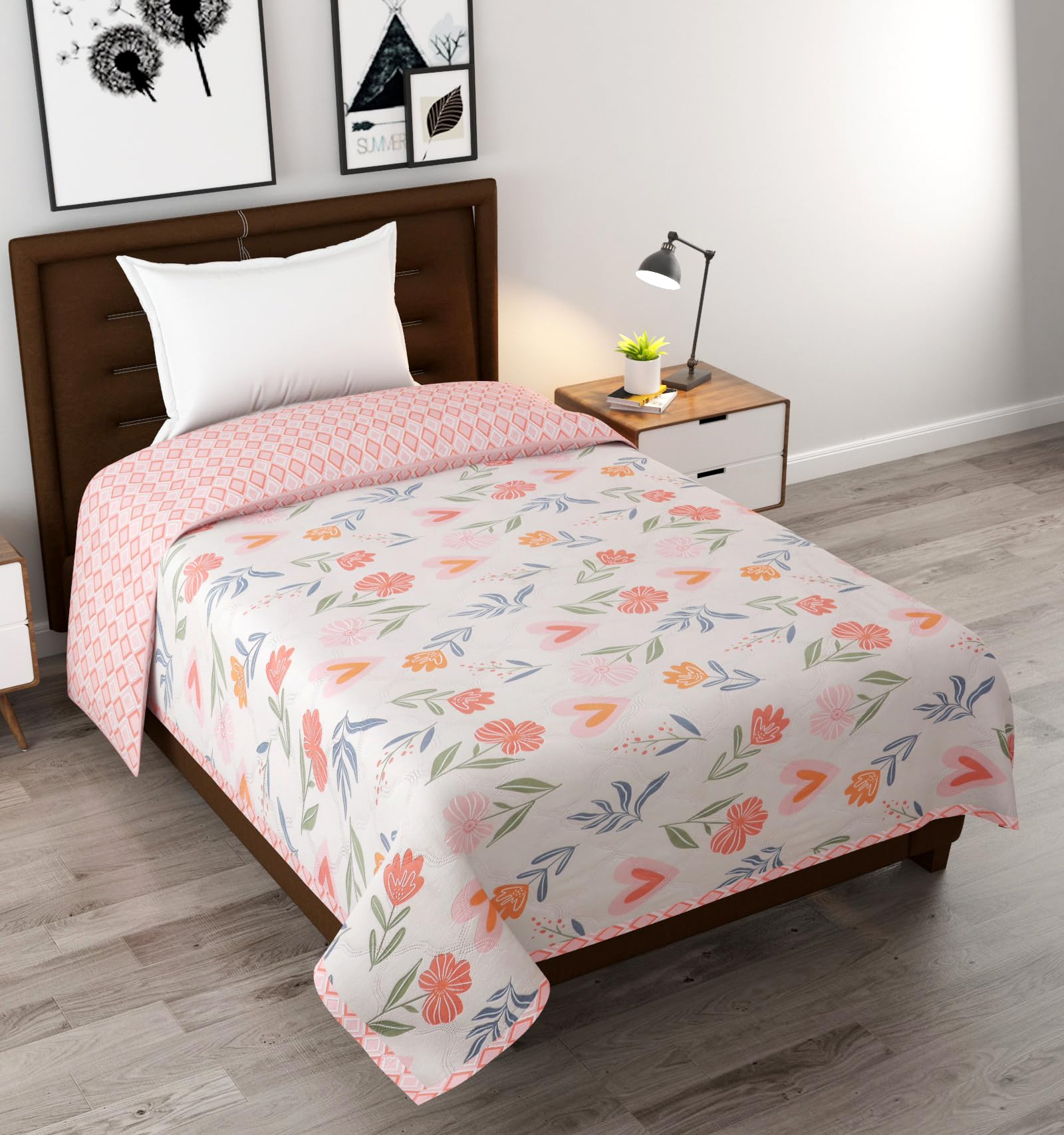 Pink and White Floral Print,Geometric Pattern Comforter-All Season Quilt|AC Blanket/Rajai/Dohar|Single Bed(152x228 cm) –Lightweight,Machine Washable,Soft Touch,Hypoallergenic-image-6