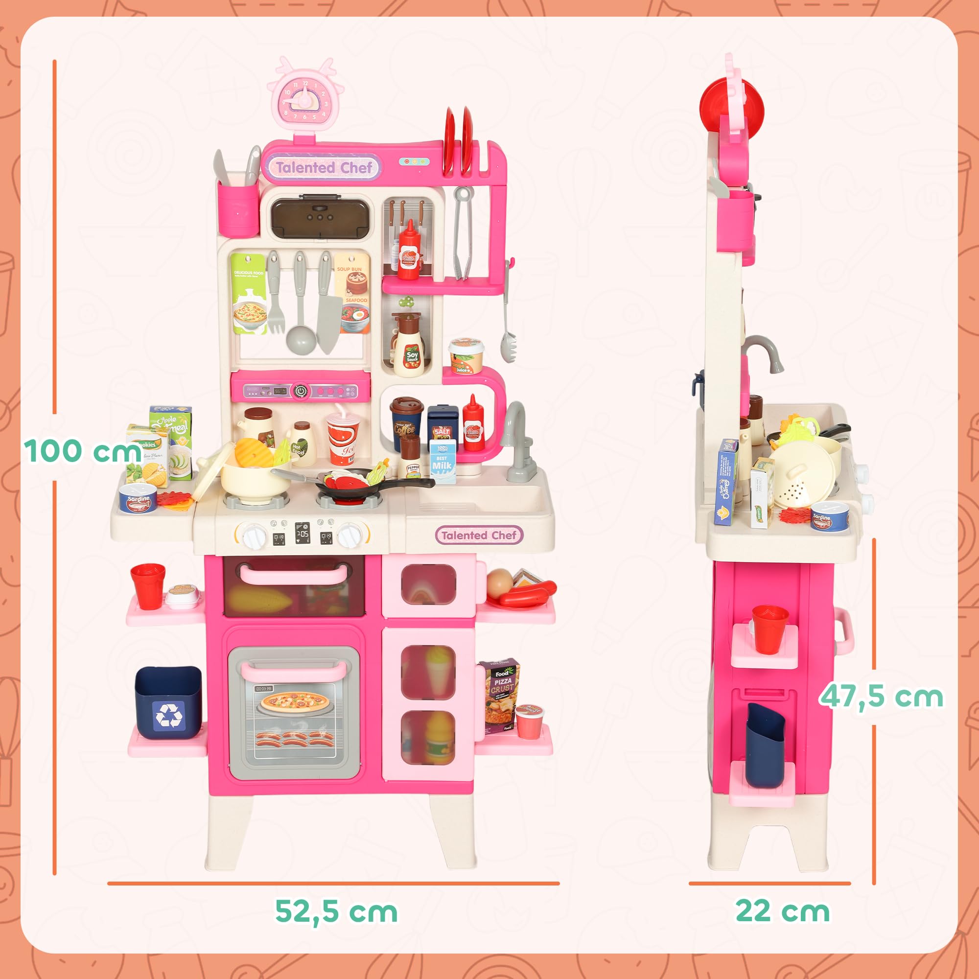 AIYAPLAY Cocina de Juguete con Luces y Sonido para Niños 52,5x22x100cm Rosa | Cocinita Infantil con Accesorios, Fregadero, Ollas, Utensilios, Alimentos Falsos, a Partir de 3 Años