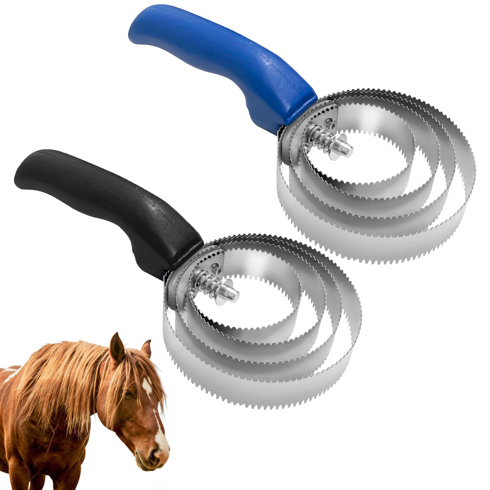 Minfuerang 2Pcs Spiral Striegel,Cepillo para Caballos 4 Anillas, Peine de Acero Inoxidable para Caballos,Doble Cara Cepillo para caballos para Eliminar el Pelo Muerto,Pelaje(Azul + Negro)
